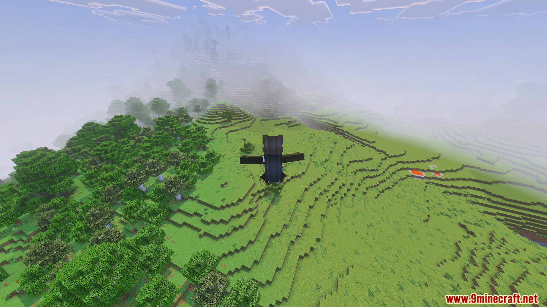 Spider Man Addon Screenshot 6 A player in a black suit glides over a green grassy landscape
