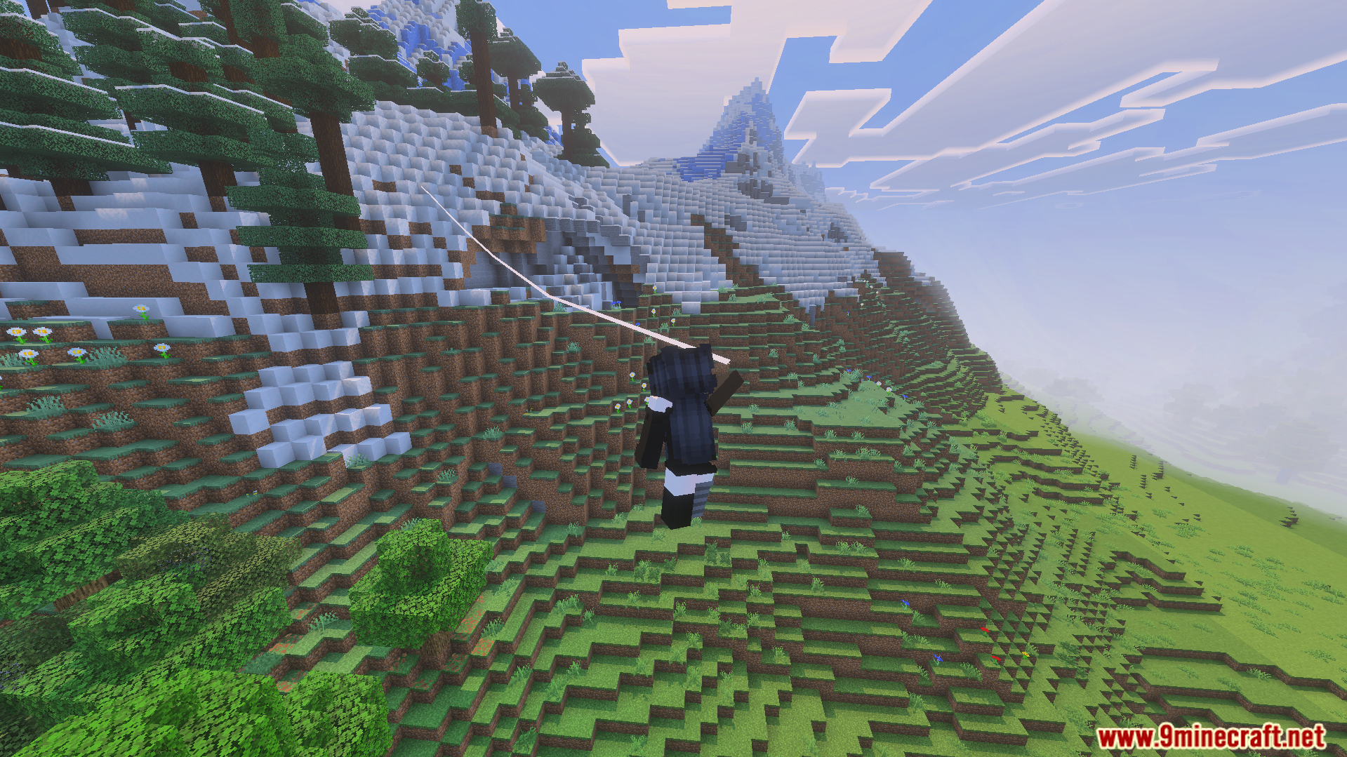 Spider Man Addon Screenshot 7 Spider Man Addon player using web shooters to swing across snowy mountains
