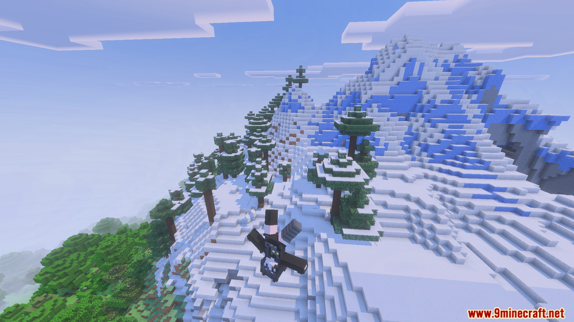 Spider Man Addon Screenshot 8 Character in a special suit gliding over a steep snowy mountain peak