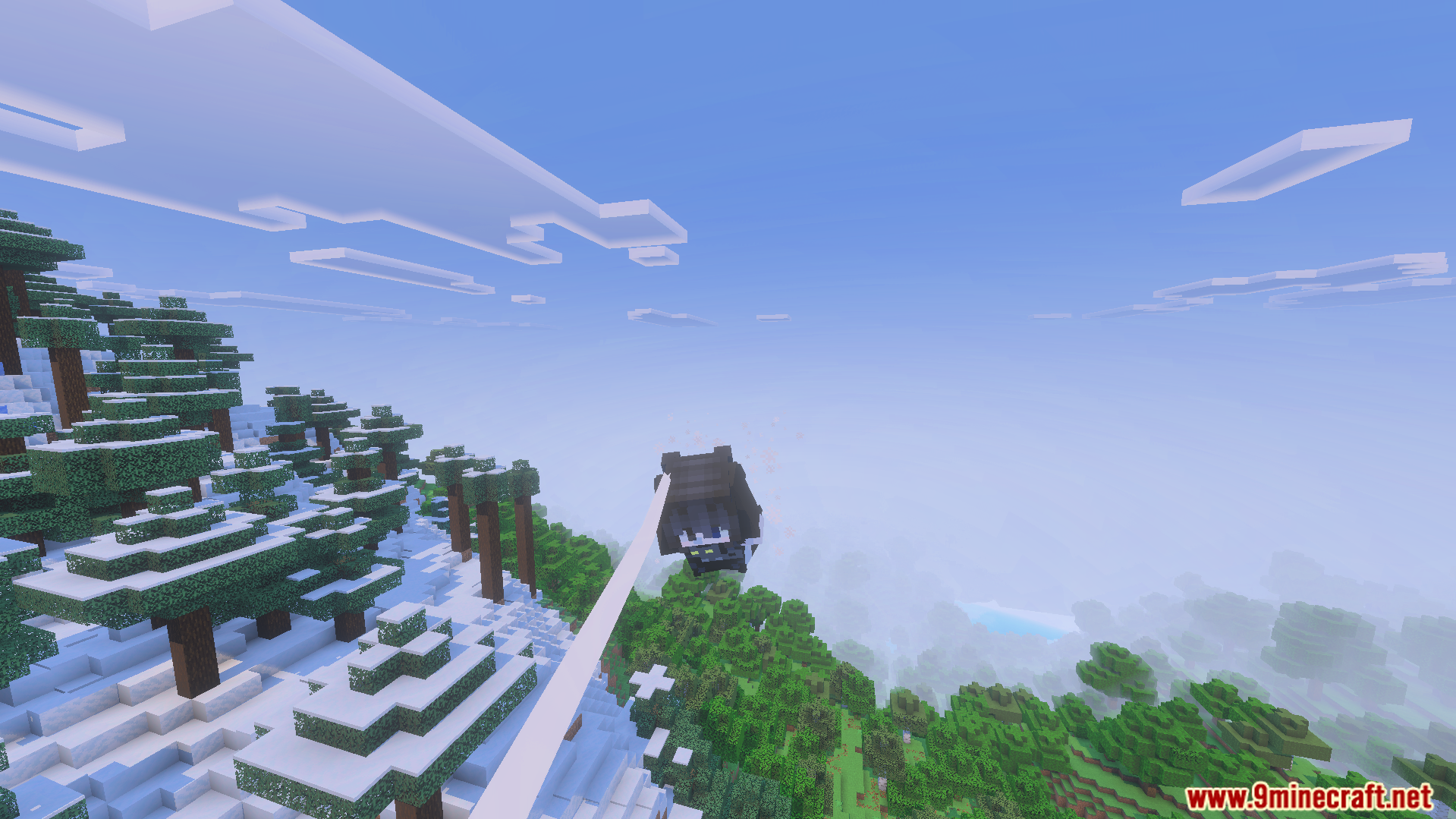Spider Man Addon Screenshot 9 Player in a black suit swings through the air over a snowy mountain