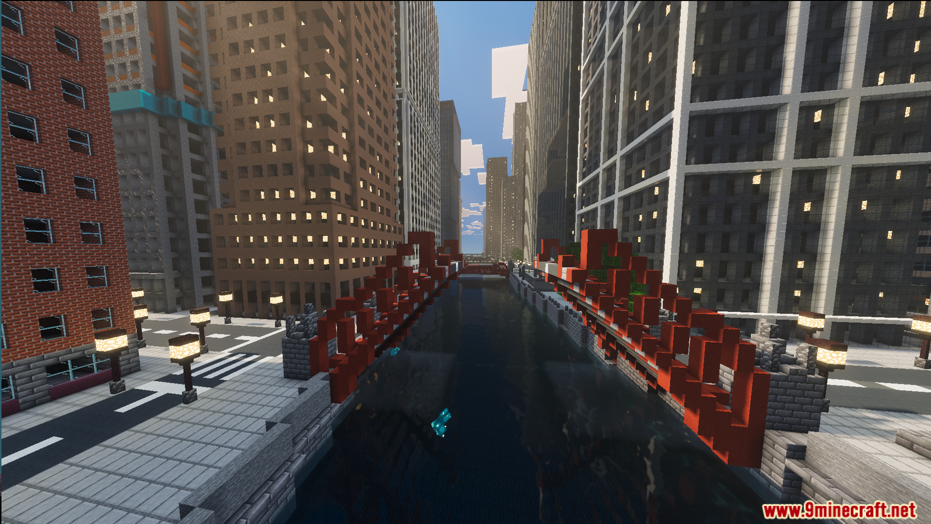 SpiderMan City Map Screenshot 5 A river flowing through a city with tall skyscrapers and red bridges