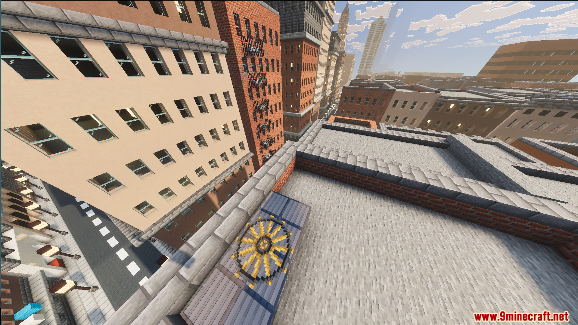 SpiderMan City Map Screenshot 8 Looking down from a rooftop at detailed city streets and brick apartment buildings