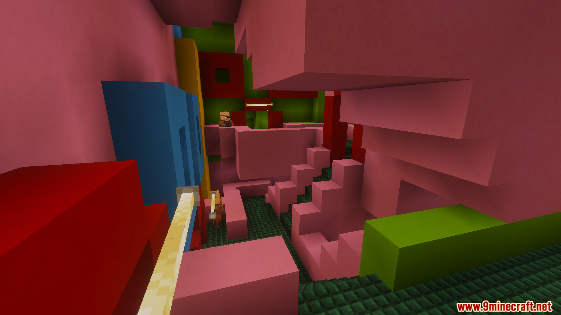 Colorful maze with pink stairs and blue blocks