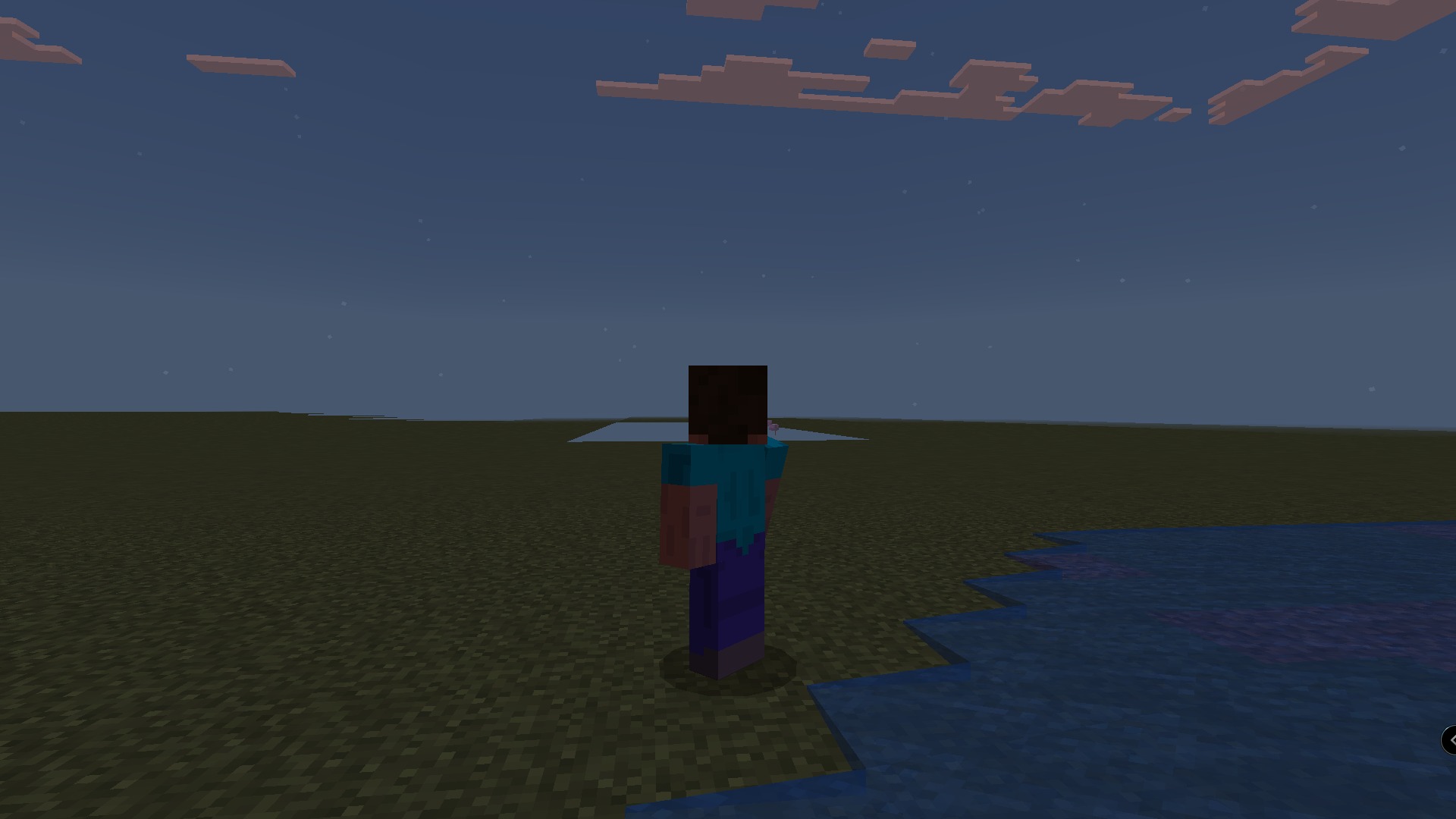 Player character standing in a flat world at night near a water pool