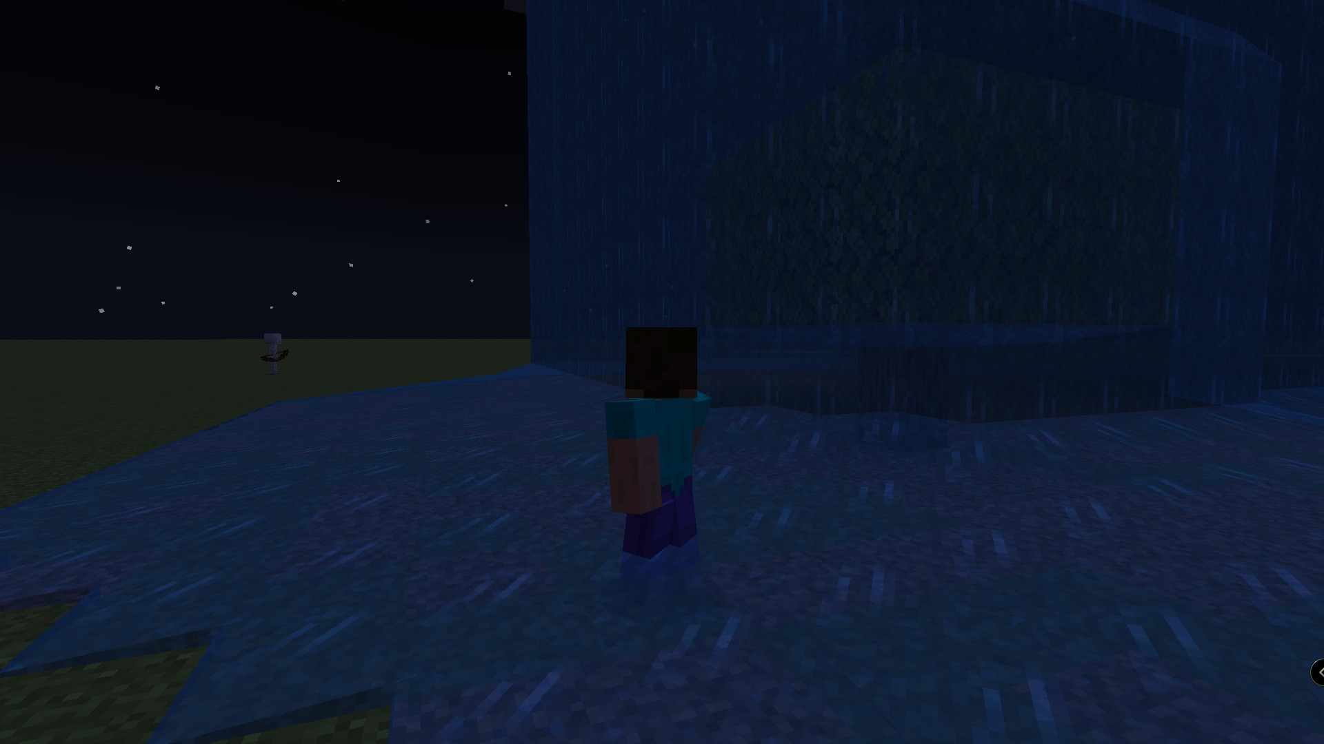 Minecraft character standing in water under a dark starry night sky