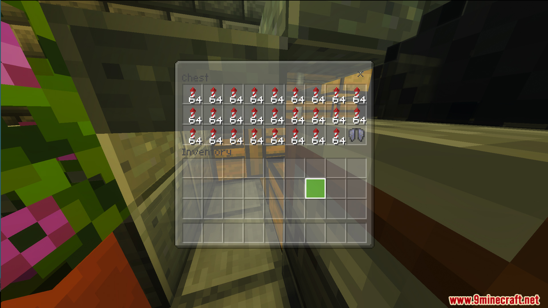 Chest interface showing many stacks of useful items for survival mode gameplay