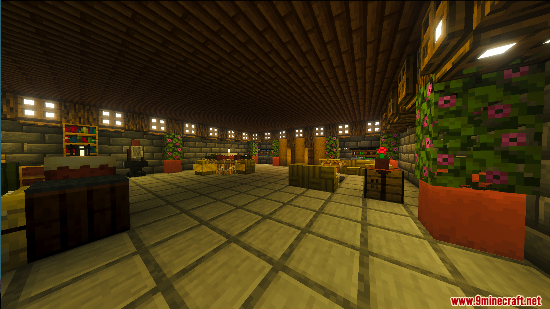 Large living area with flower pots and bookshelves inside the survival home