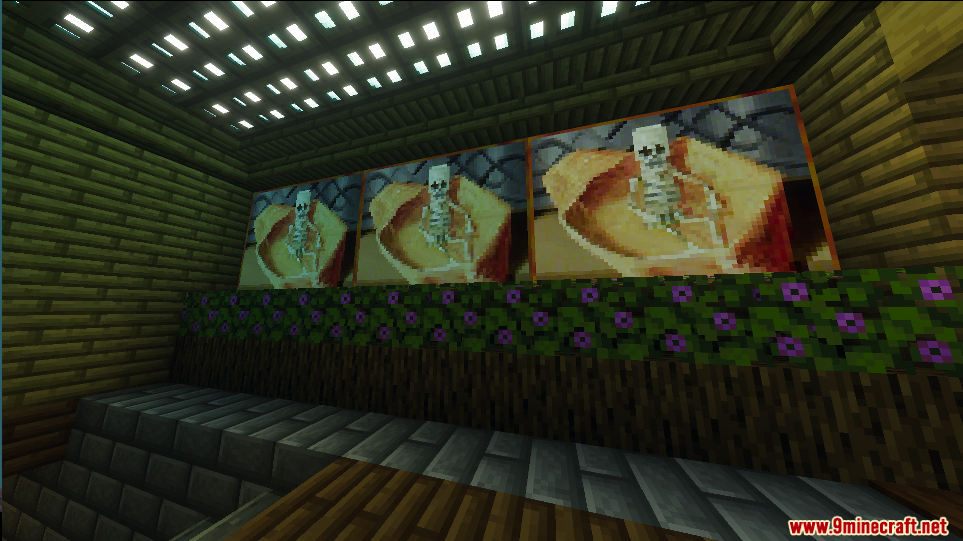 Three skeleton paintings displayed on a wooden wall with purple flowering leaf blocks