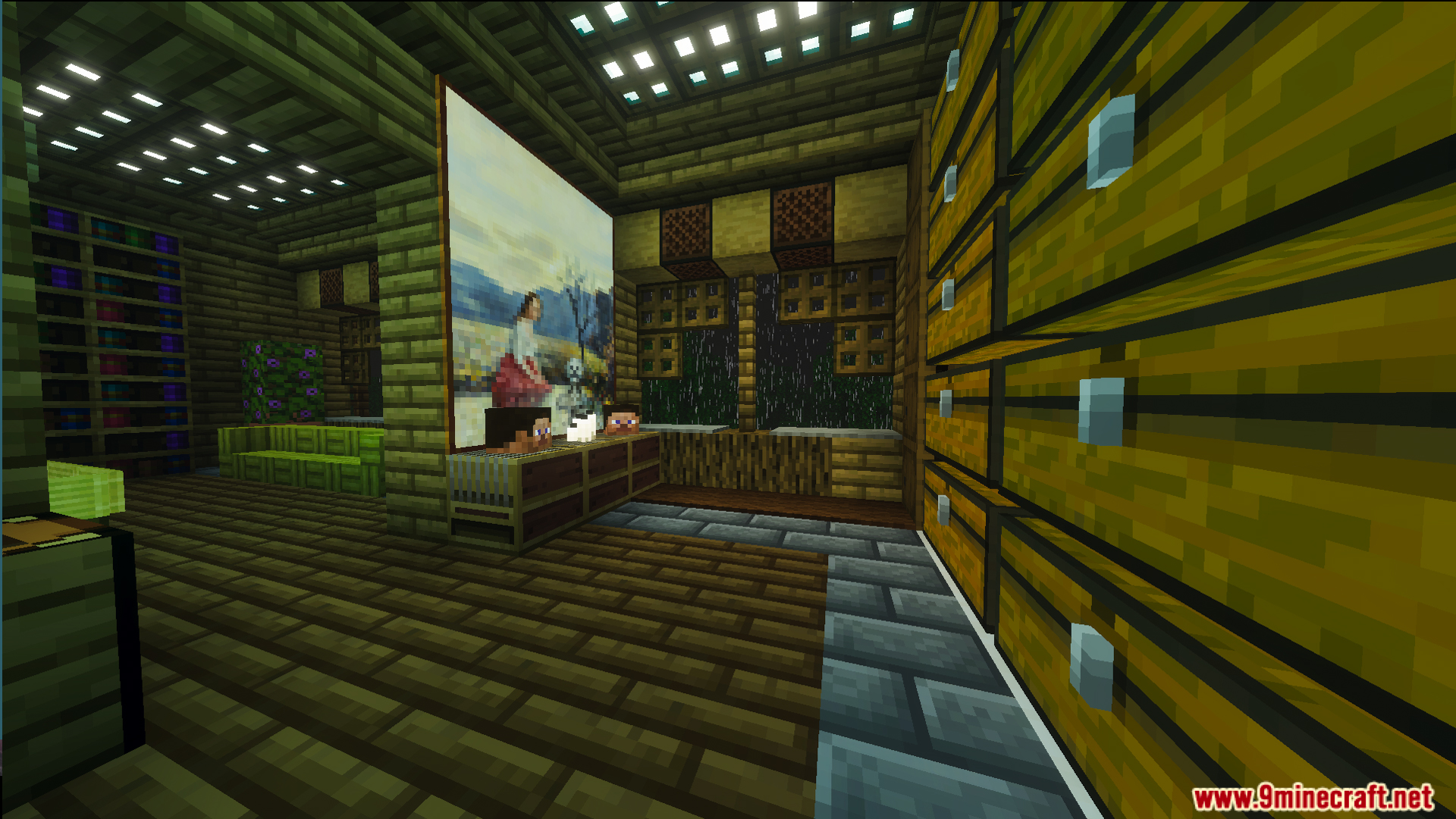 A cozy base interior featuring a large painting and rows of storage chests