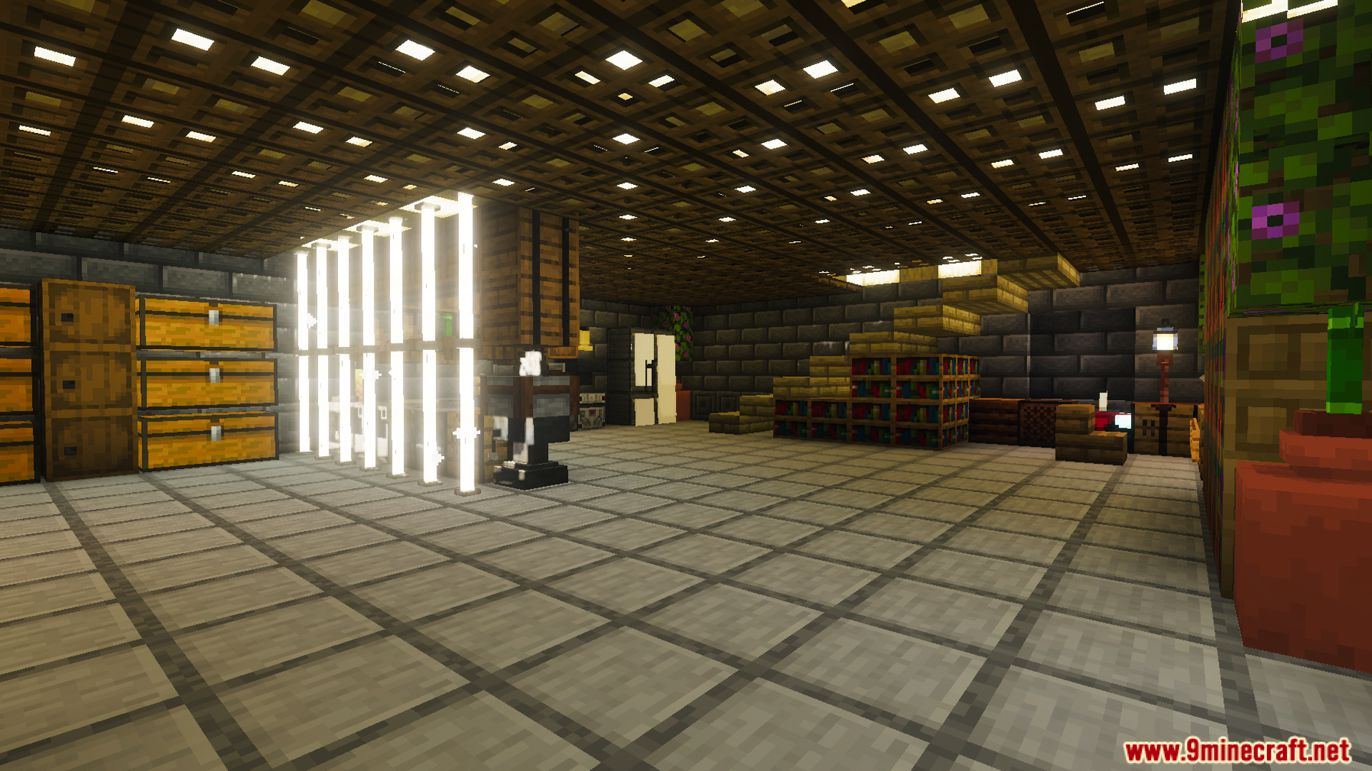 Survival Filo House 26 Map Screenshot 2 Large interior room with storage chests bookshelves stairs and bright lighting setup