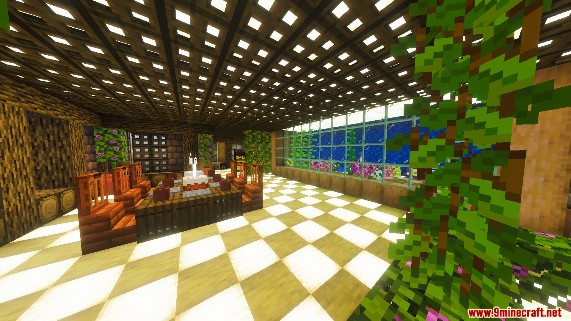 Survival Filo House 26 Map Screenshot 4 A dining room with a large aquarium and bamboo furniture