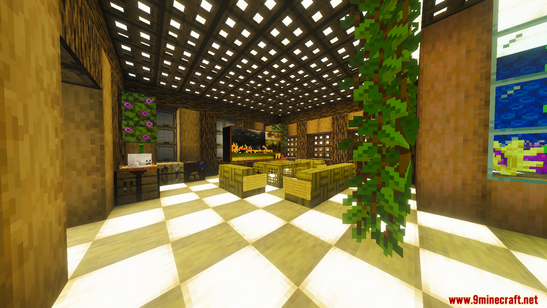 Survival Filo House 26 Map Screenshot 5 Interior view of a decorated room with bamboo furniture and an aquarium