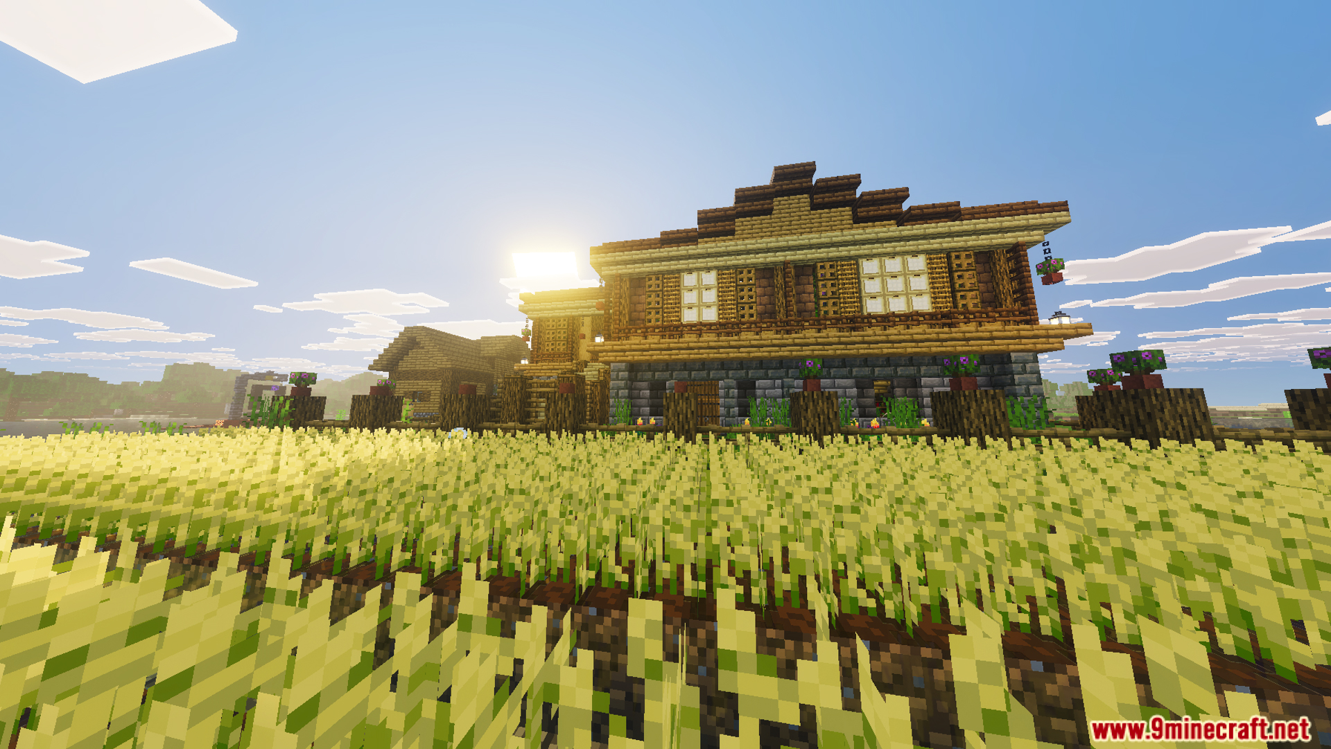 Survival Filo House 26 Map Screenshot 6 Exterior view of a large two story wooden house with a wheat farm