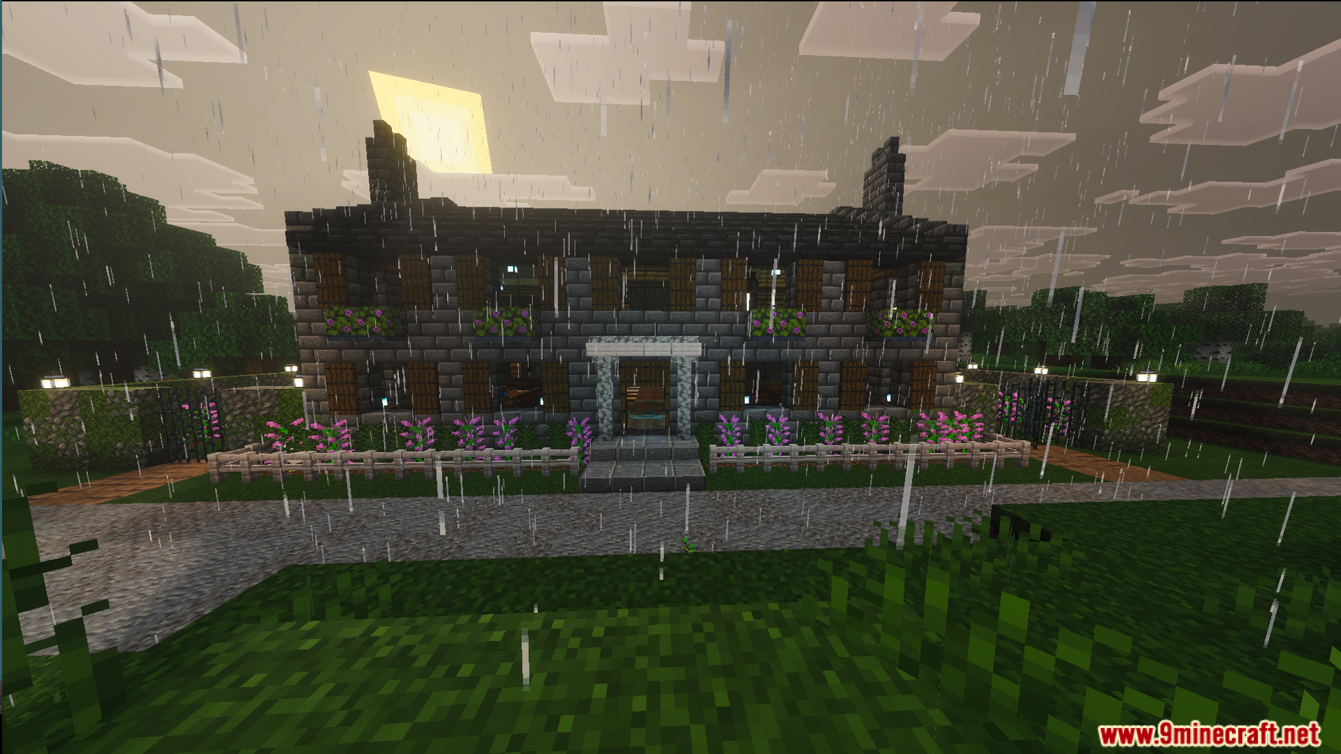 Front view of the Survival Georgian House during a rainy day