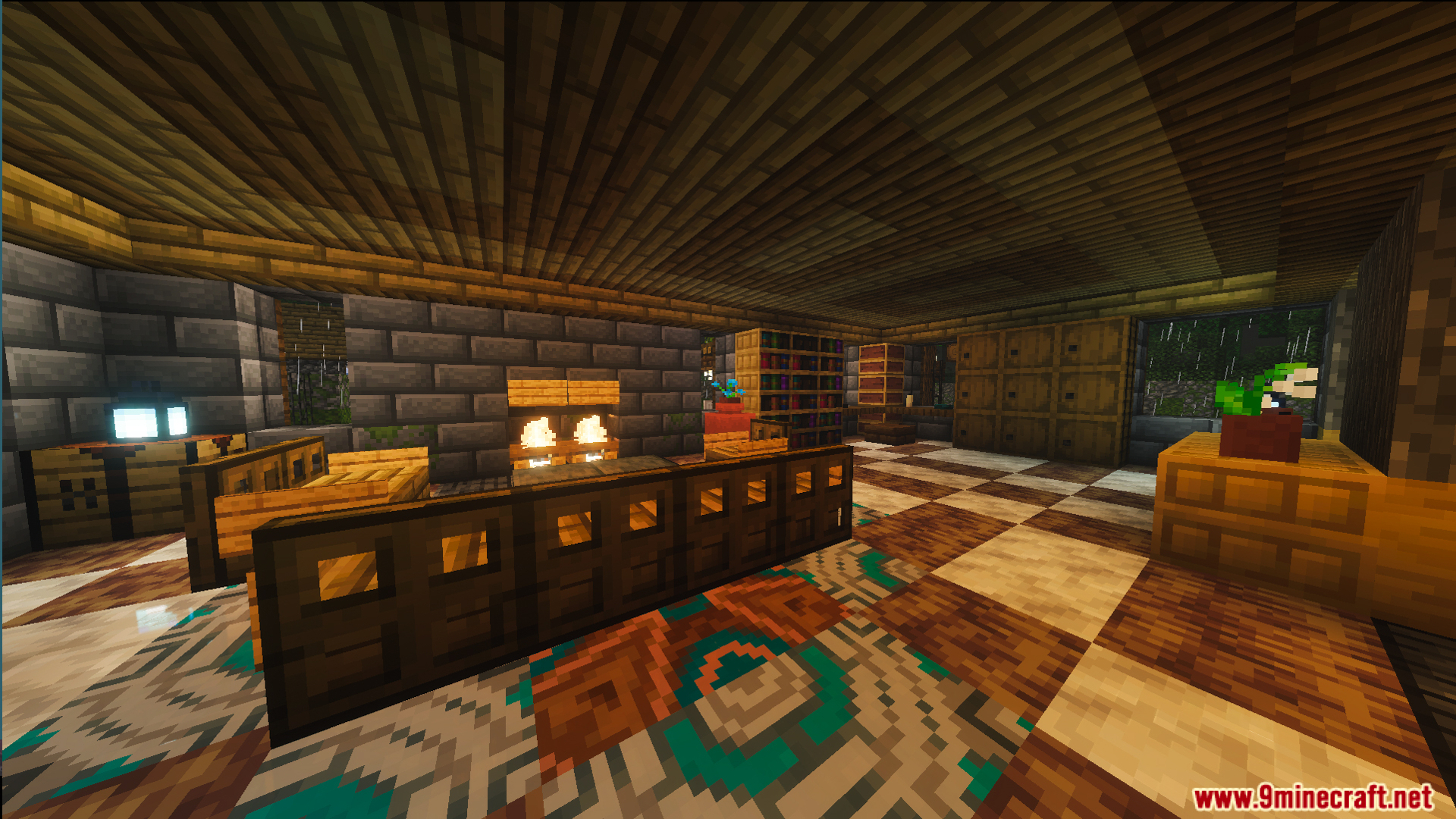The interior includes a fireplace bookshelves and a large patterned floor rug inside