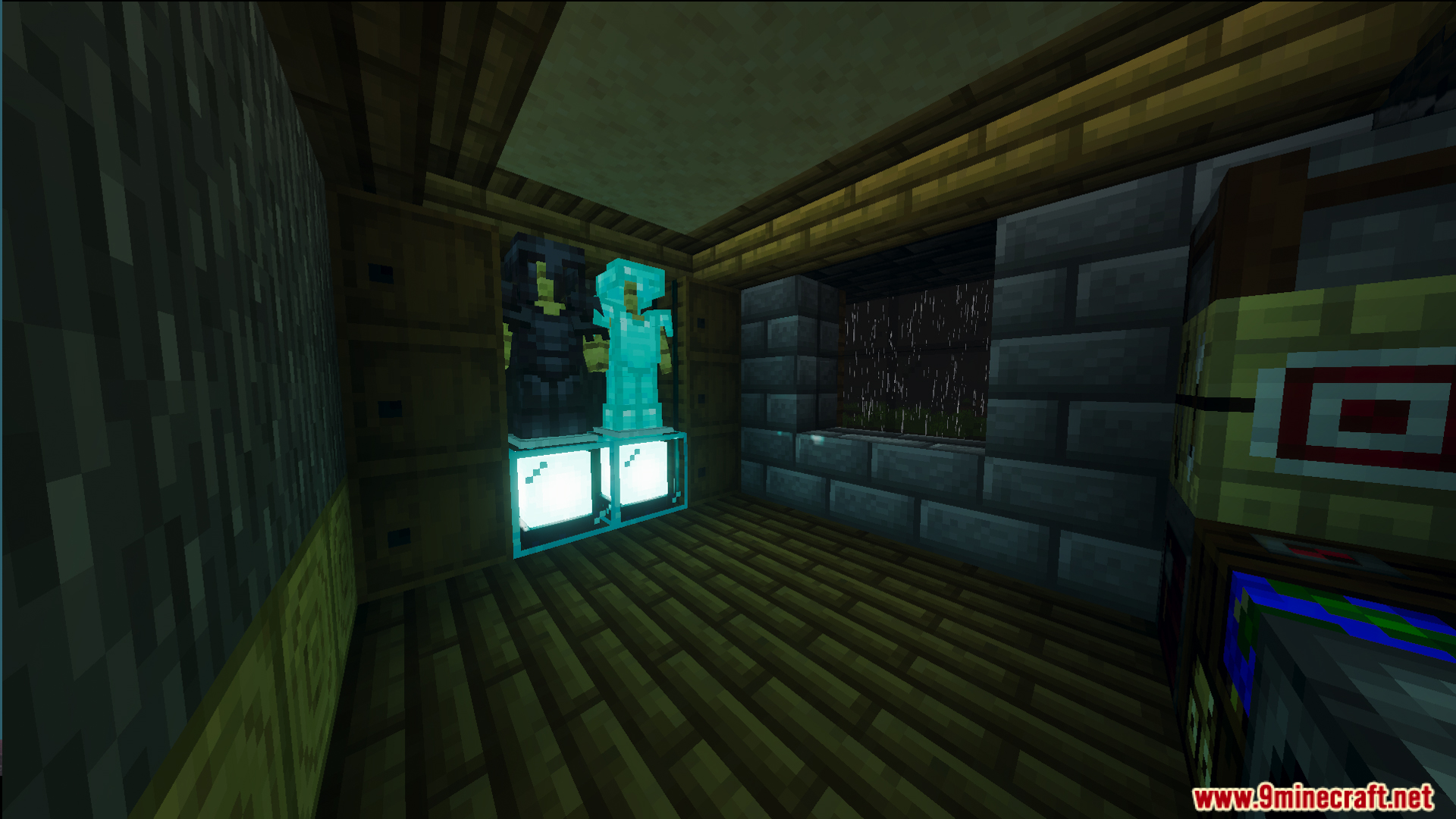 Armor stands and useful survival items inside a room of the house