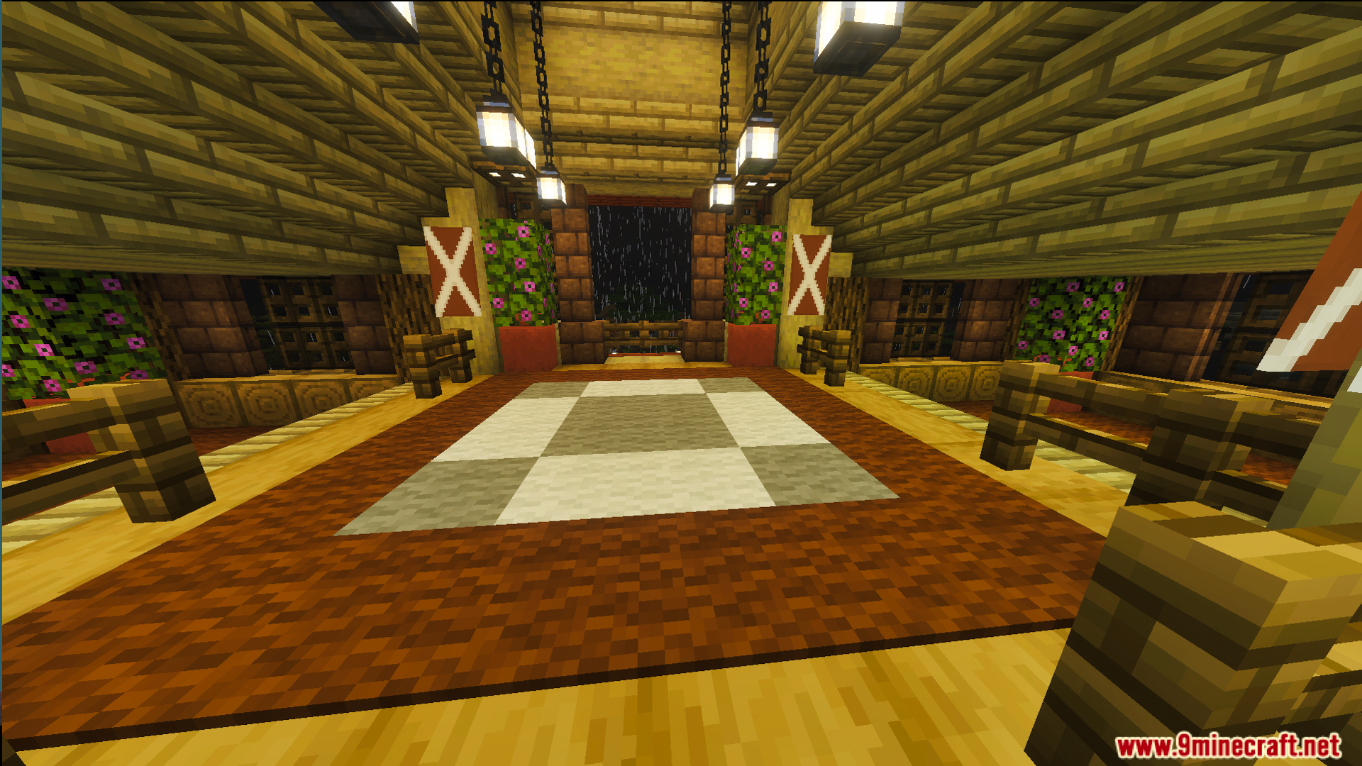 Interior of Survival Ilustrado House featuring checkered carpet and flowering azalea walls