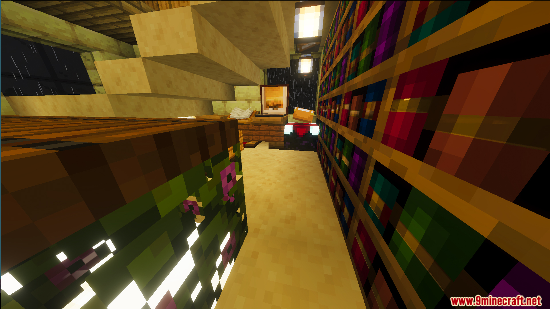 Narrow hallway with bookshelves and an enchantment table in Survival Ilustrado House Seven Map