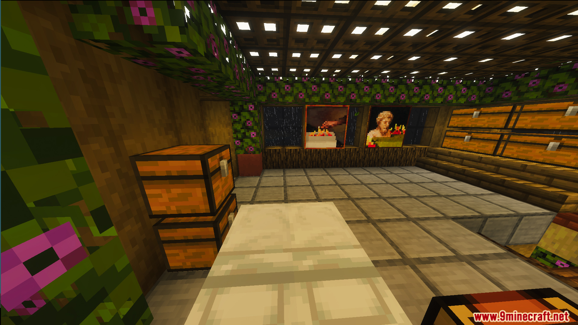 Cozy bedroom interior with flowering azalea walls and several storage chests