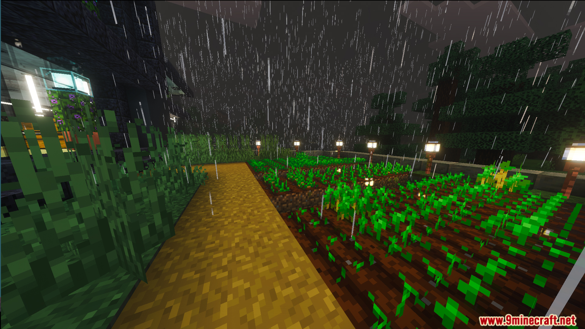 Survival Lakeside House 40 Map Screenshot 4 A vegetable farm with glowing lanterns outside the modern house in the rain