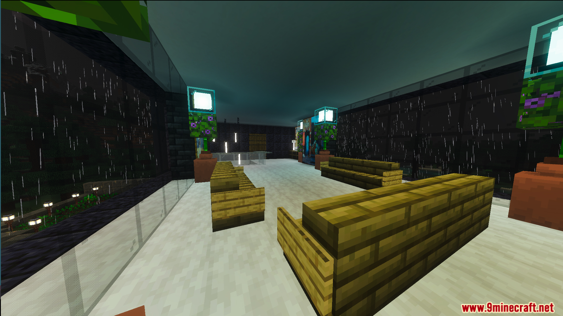 Survival Lakeside House 40 Map Screenshot 9 Survival Lakeside House interior with wooden seating and large windows showing rain