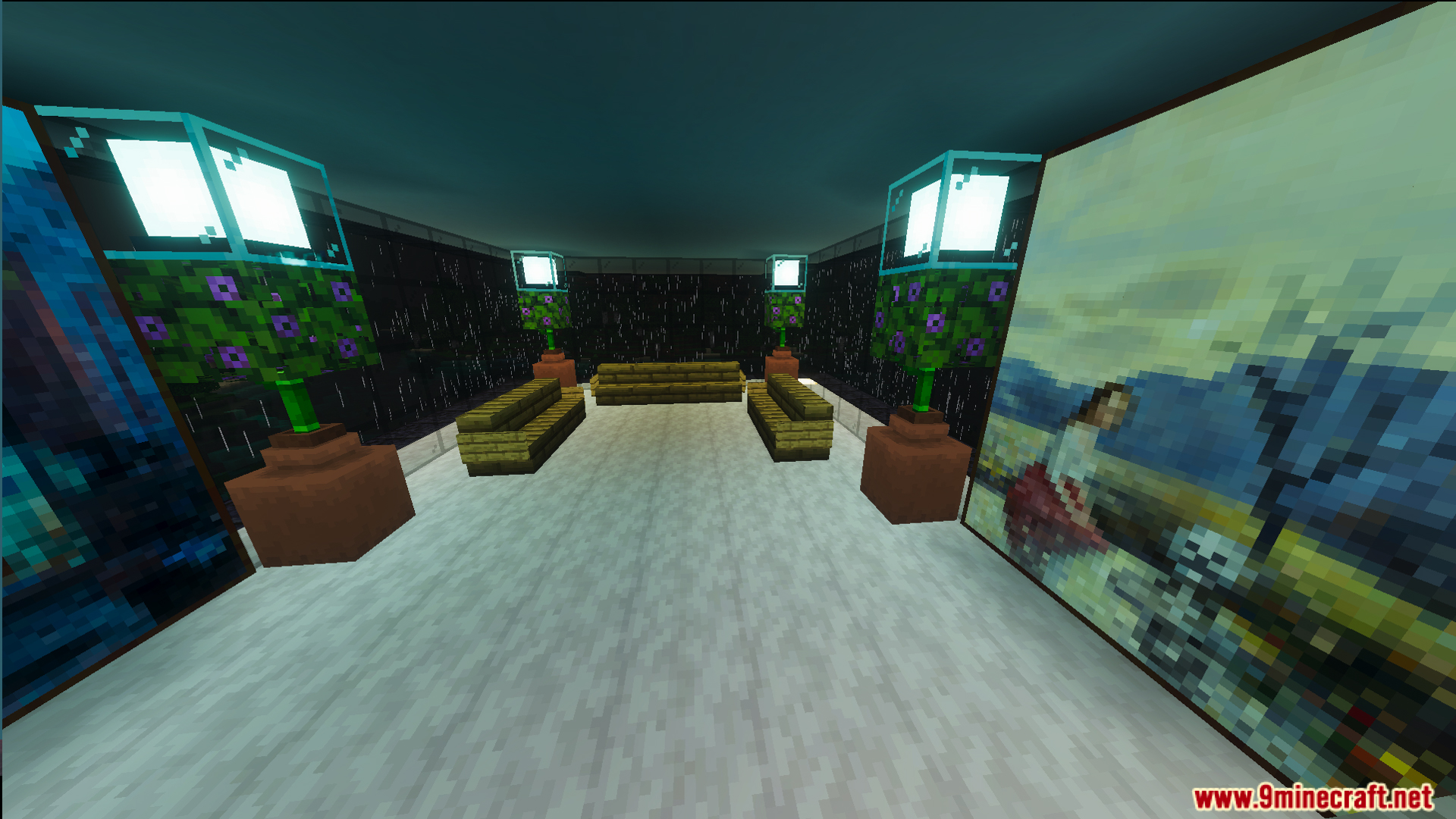 Survival Lakeside House 40 Map Screenshot 10 Cozy lounge area featuring wooden benches paintings and glowing decorative plant lamps