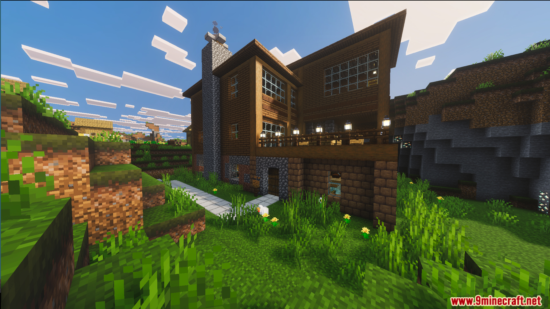Survival Log Cabin House 86 Map Screenshot 2 Wooden house with glowing lanterns on a balcony near a small village