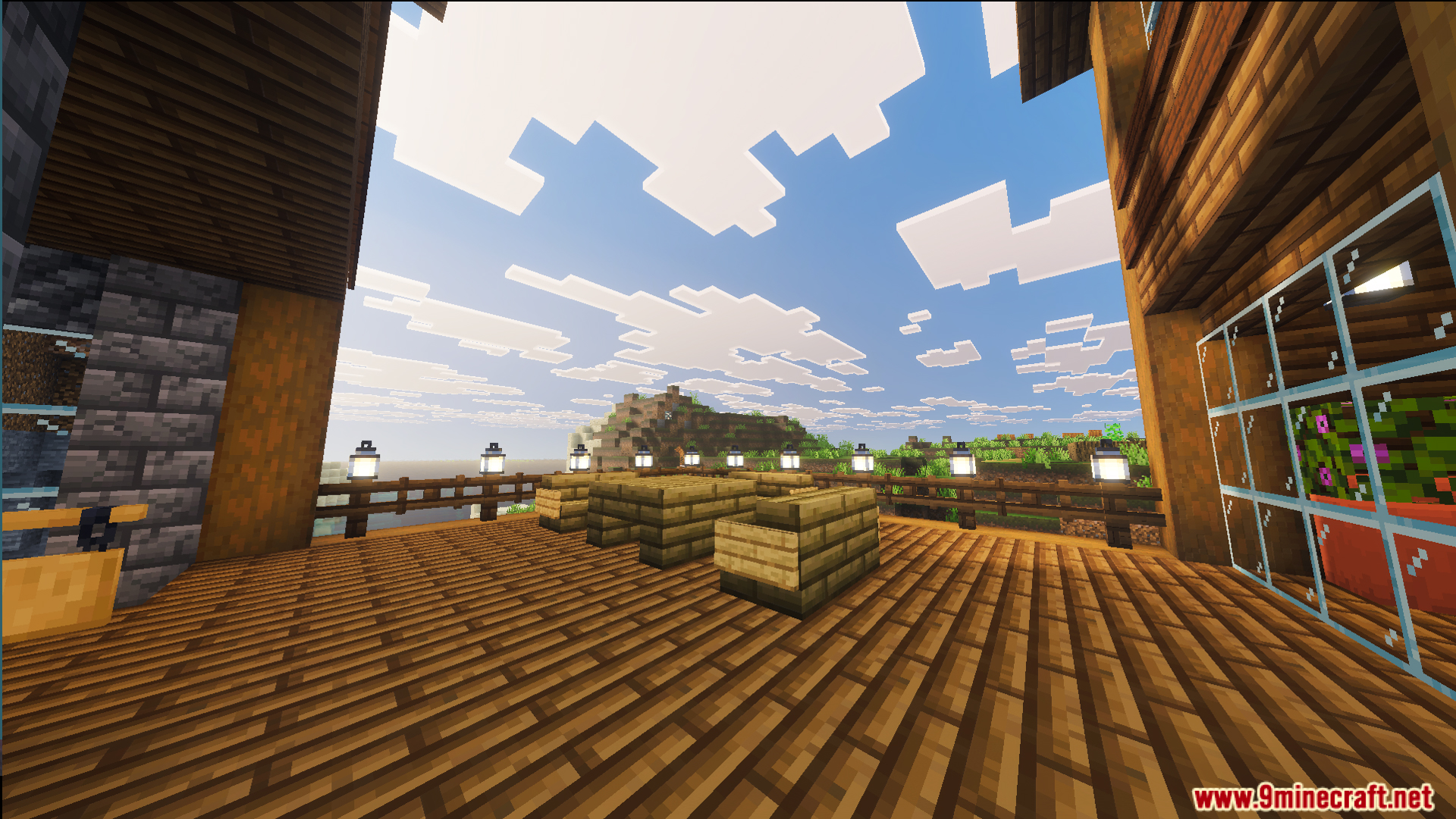 Survival Log Cabin House 86 Map Screenshot 4 Nice balcony to the outside with glowing lanterns and wooden features