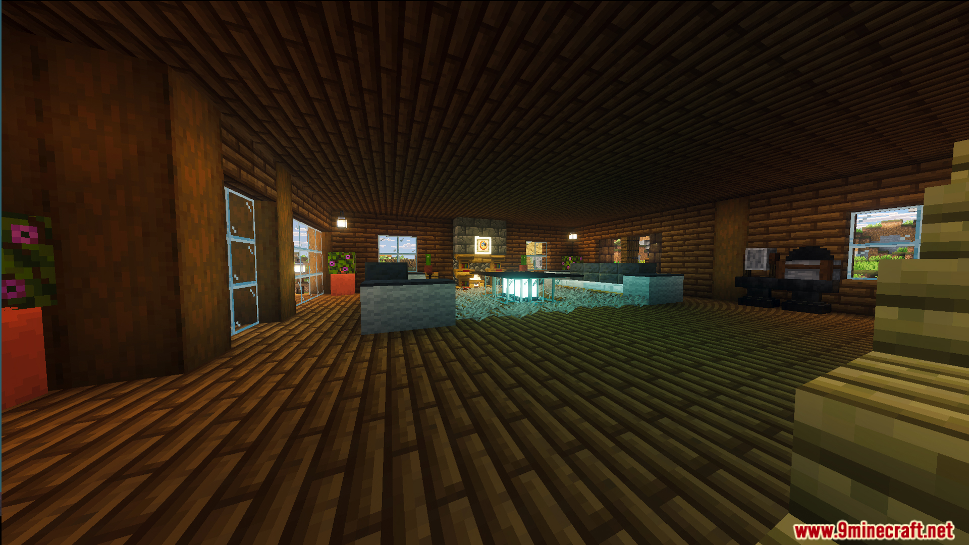 Survival Log Cabin House 86 Map Screenshot 5 Spacious living room with dark wood walls and modern furniture inside the log cabin