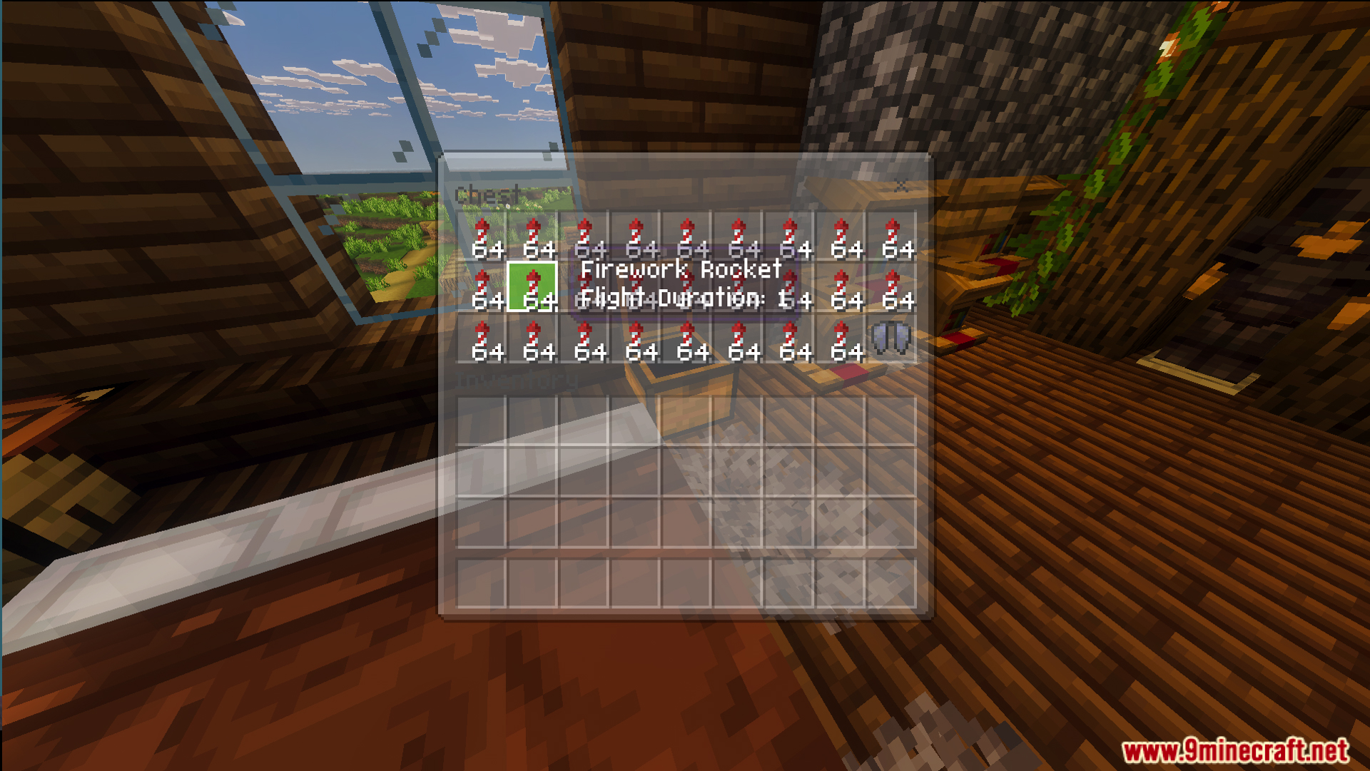 Survival Log Cabin House 86 Map Screenshot 10 A chest interface filled with stacks of firework rockets and an elytra