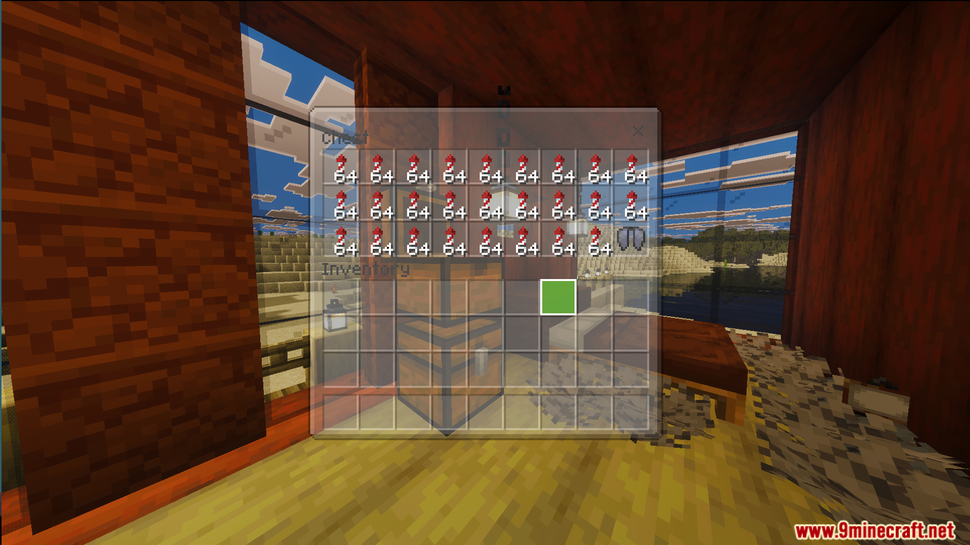 An open chest interface filled with stacks of redstone inside a modern home