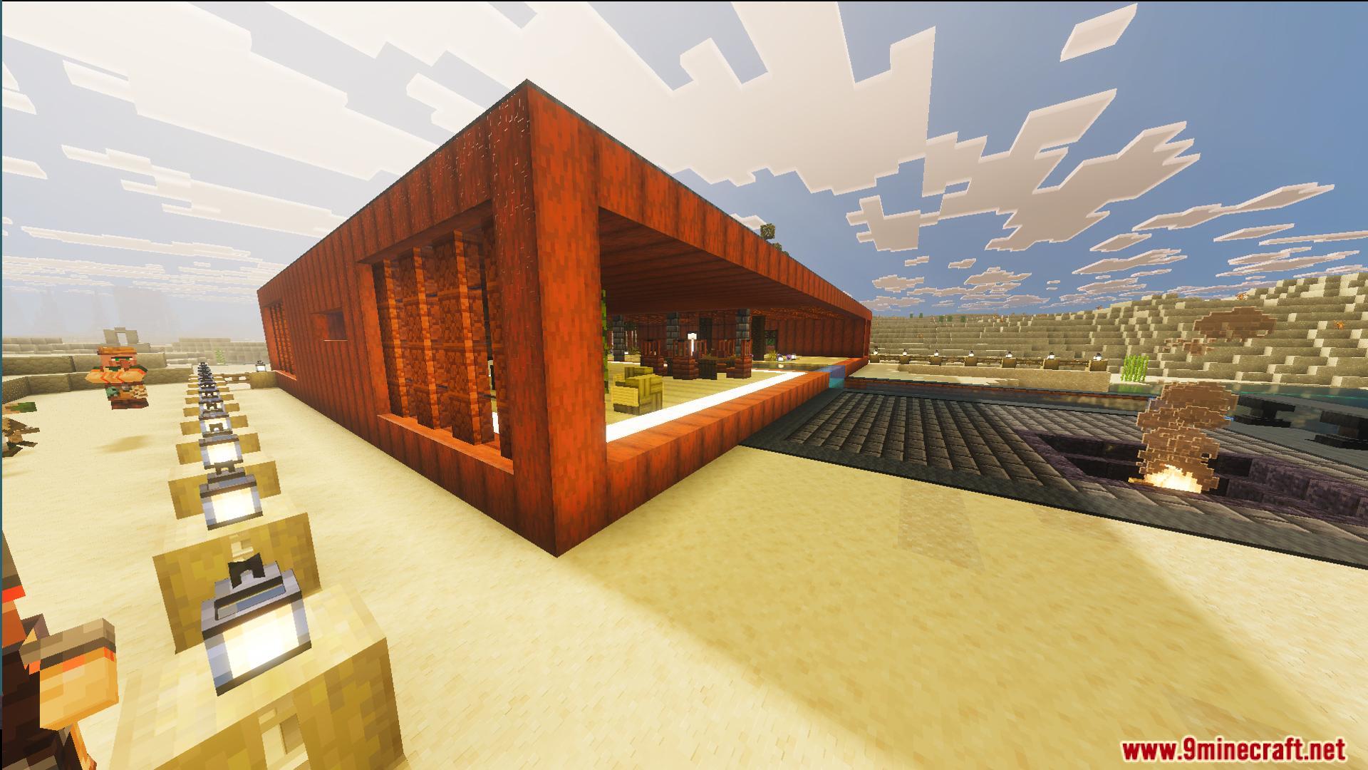 Modern orange house with an outdoor swimming pool in a desert biome