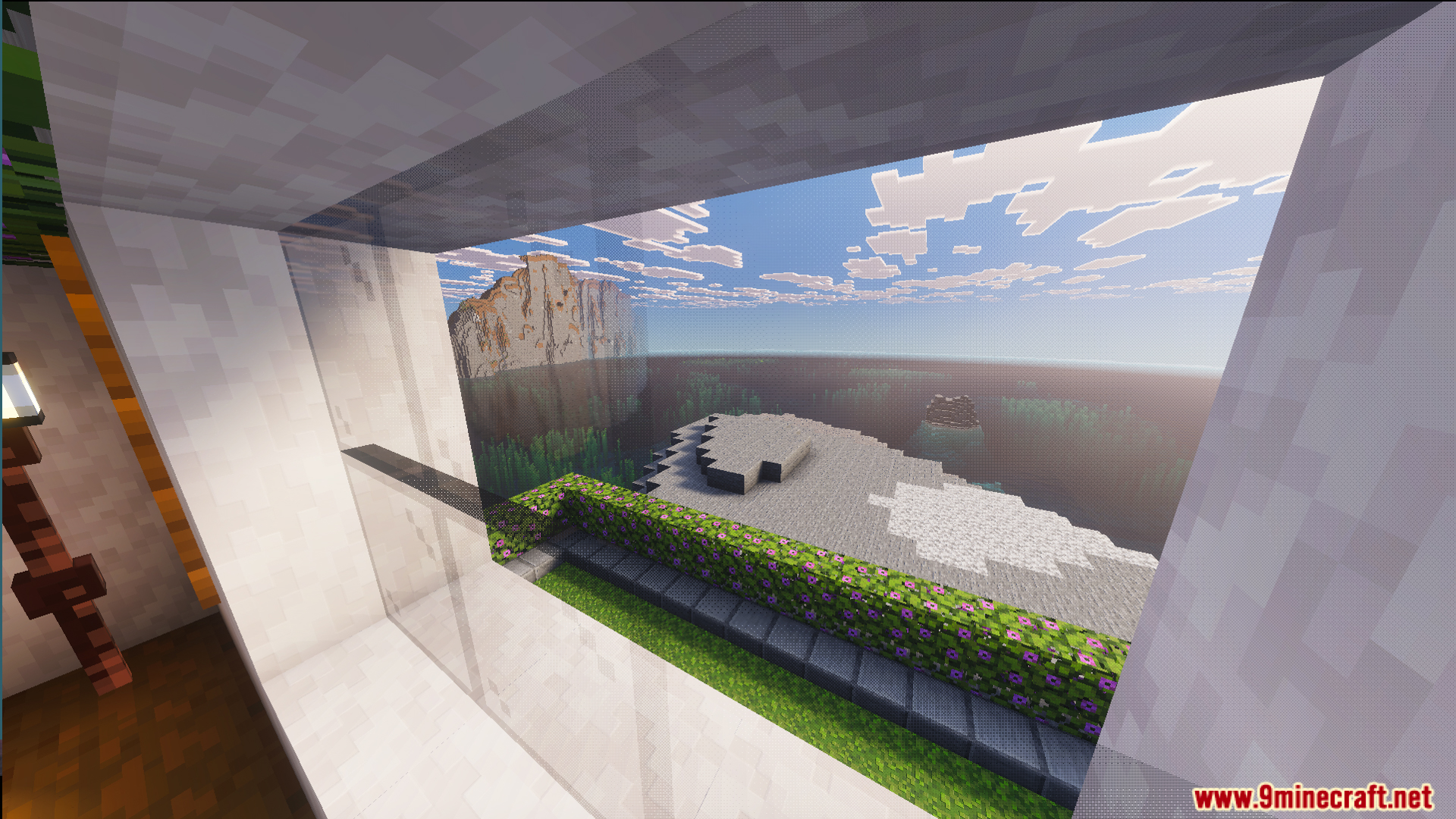 Survival Modern House 10 Map Screenshot 9 Large window in Survival Modern House 10 Map overlooking a scenic mountain biome