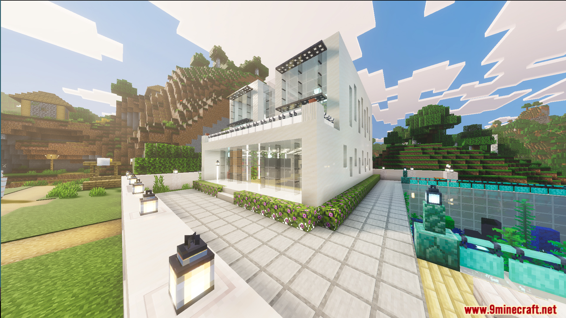 Survival Modern House 23 Map Screenshot 1 Modern white house with a colorful garden next to a village