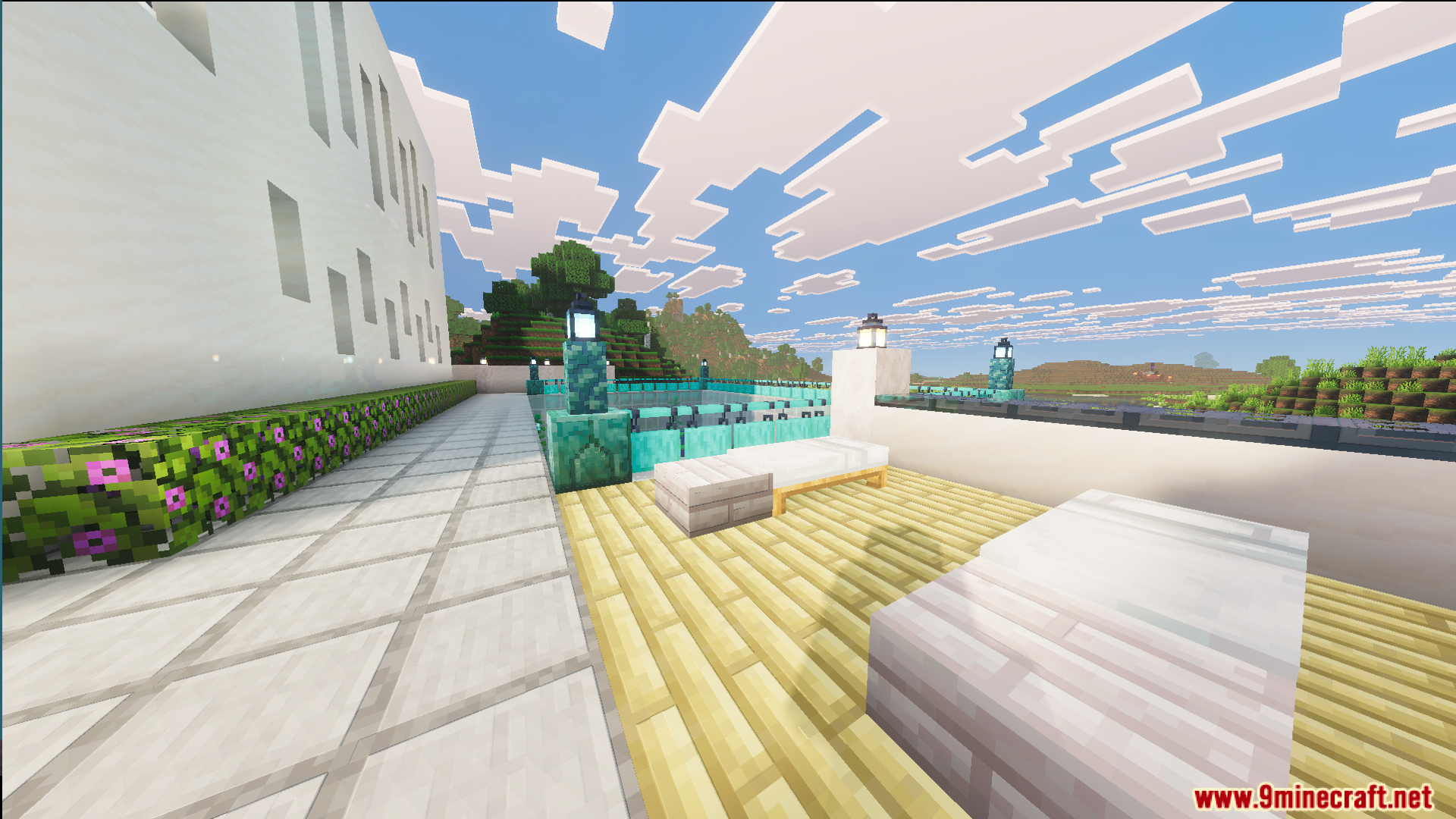 Survival Modern House 23 Map Screenshot 4 Sunny patio area with white lounge chairs and a wooden deck outside
