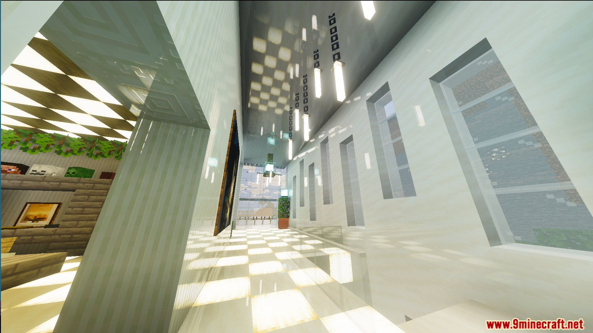 Survival Modern House 23 Map Screenshot 8 Interior of a modern house featuring glowing checkered floors and large glass windows