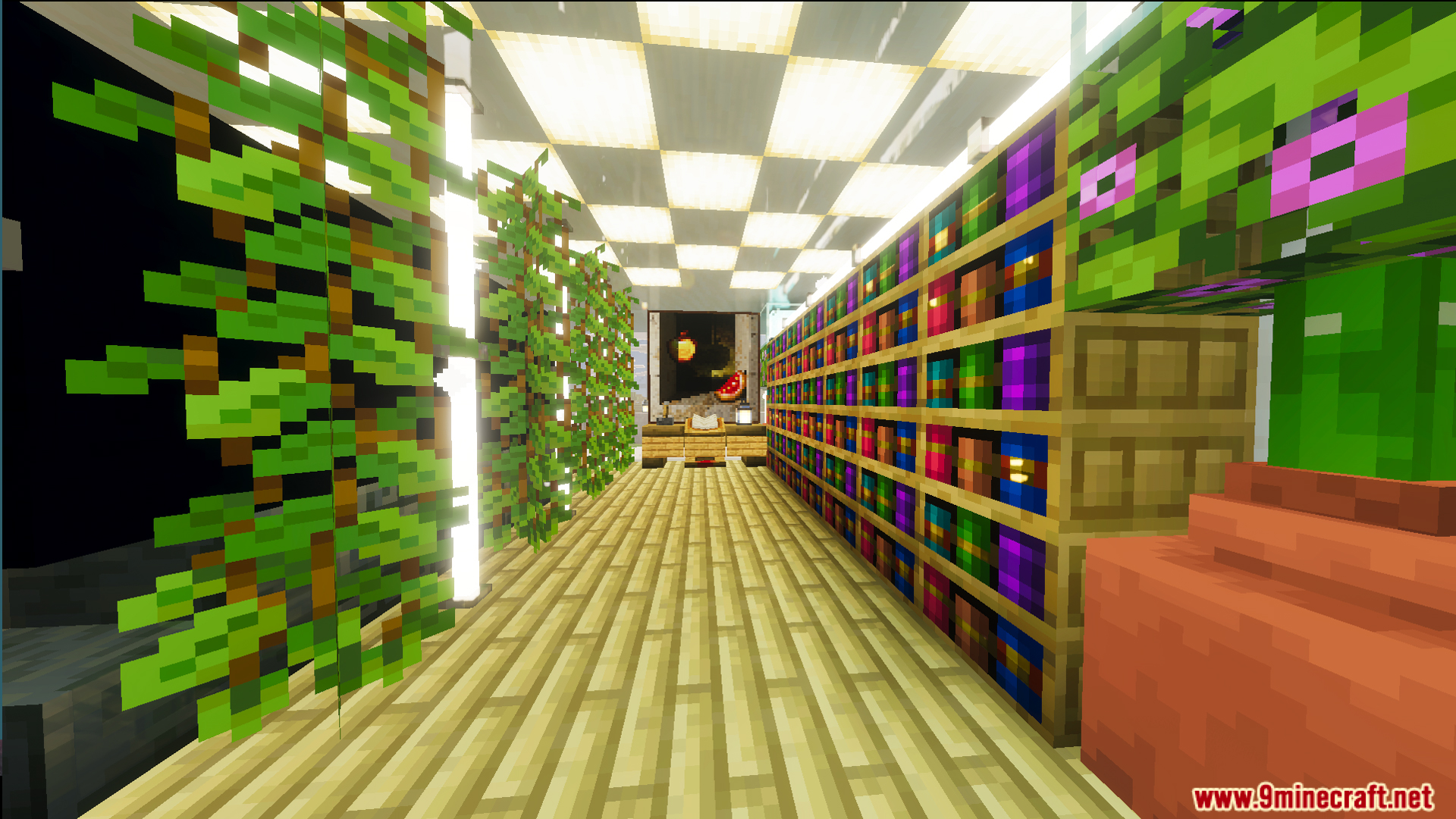 Survival Modern House 23 Map Screenshot 9 Detailed library room featuring bookshelves and a glowing checkered ceiling for survival