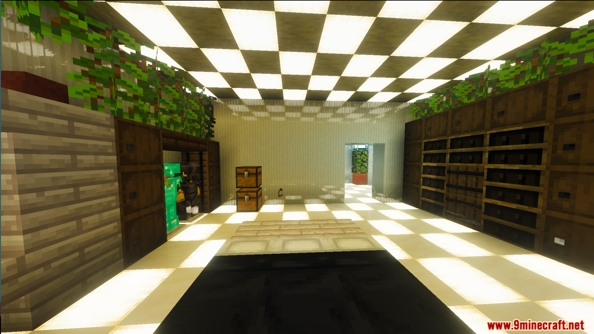 Survival Modern House 23 Map Screenshot 10 Spacious room with armor stands and chests under a glowing checkered ceiling