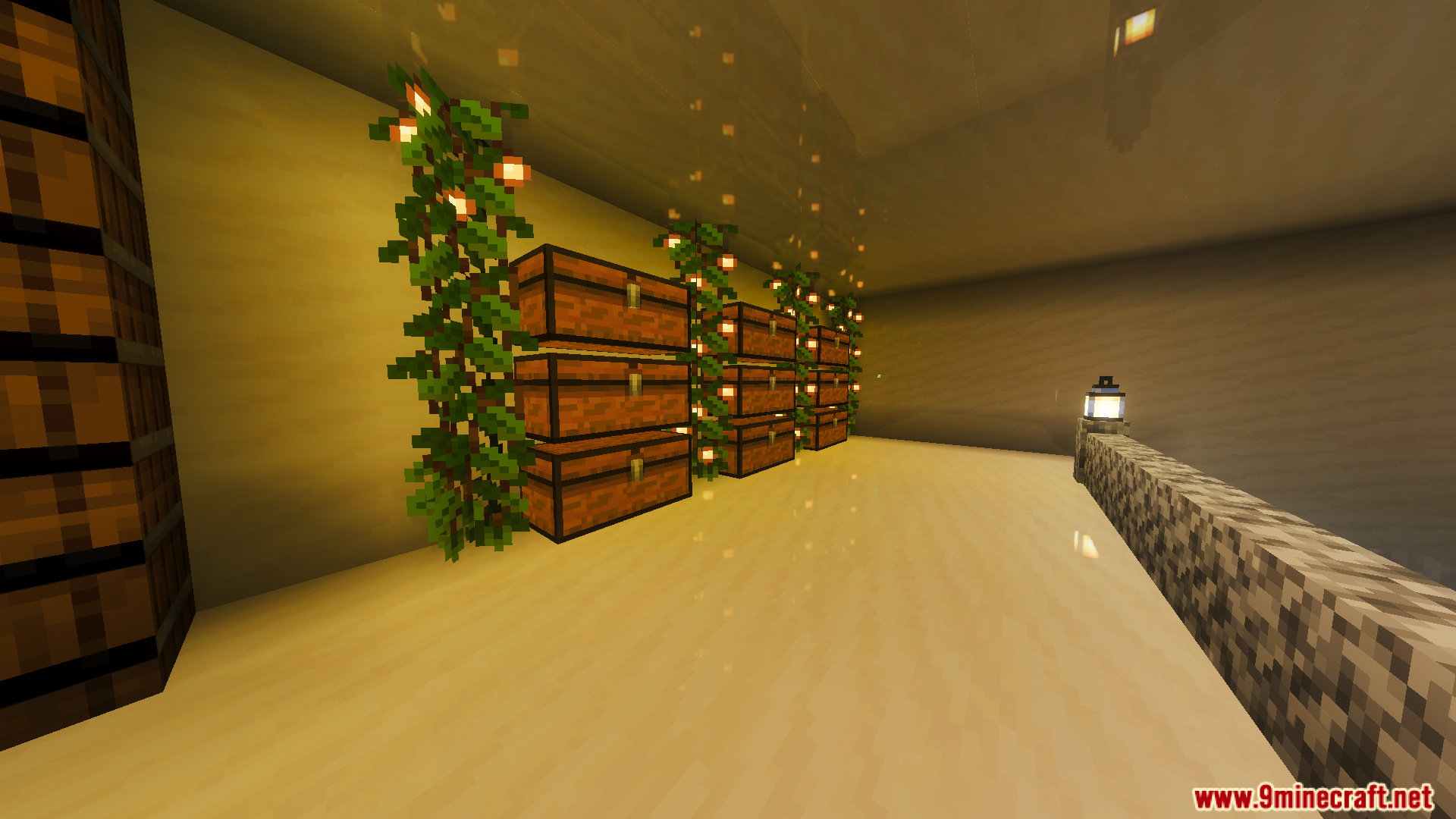 Survival Modern House 91 Map Screenshot 1 Storage room with stacked wooden chests and glowing vines in a modern house