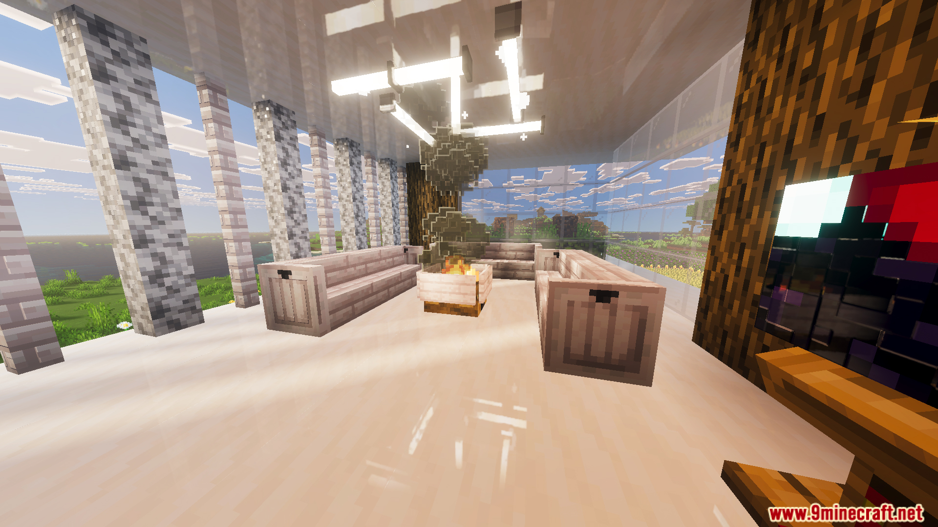 Survival Modern House 91 Map Screenshot 2 Modern living room in Survival Modern House 91 Map with a fire pit
