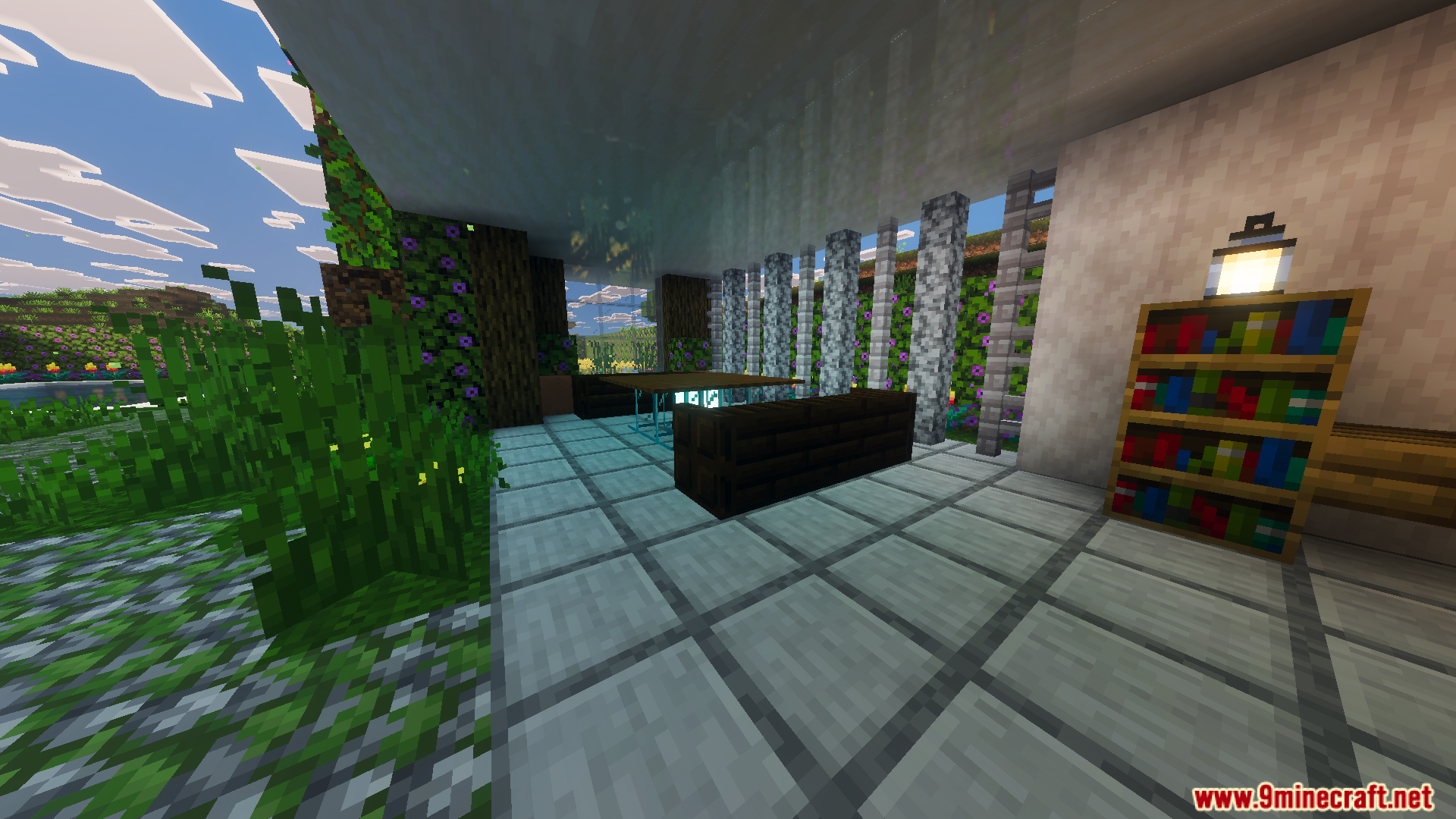 Survival Modern House 91 Map Screenshot 4 A bookshelf and seating area overlooking a garden in a modern house
