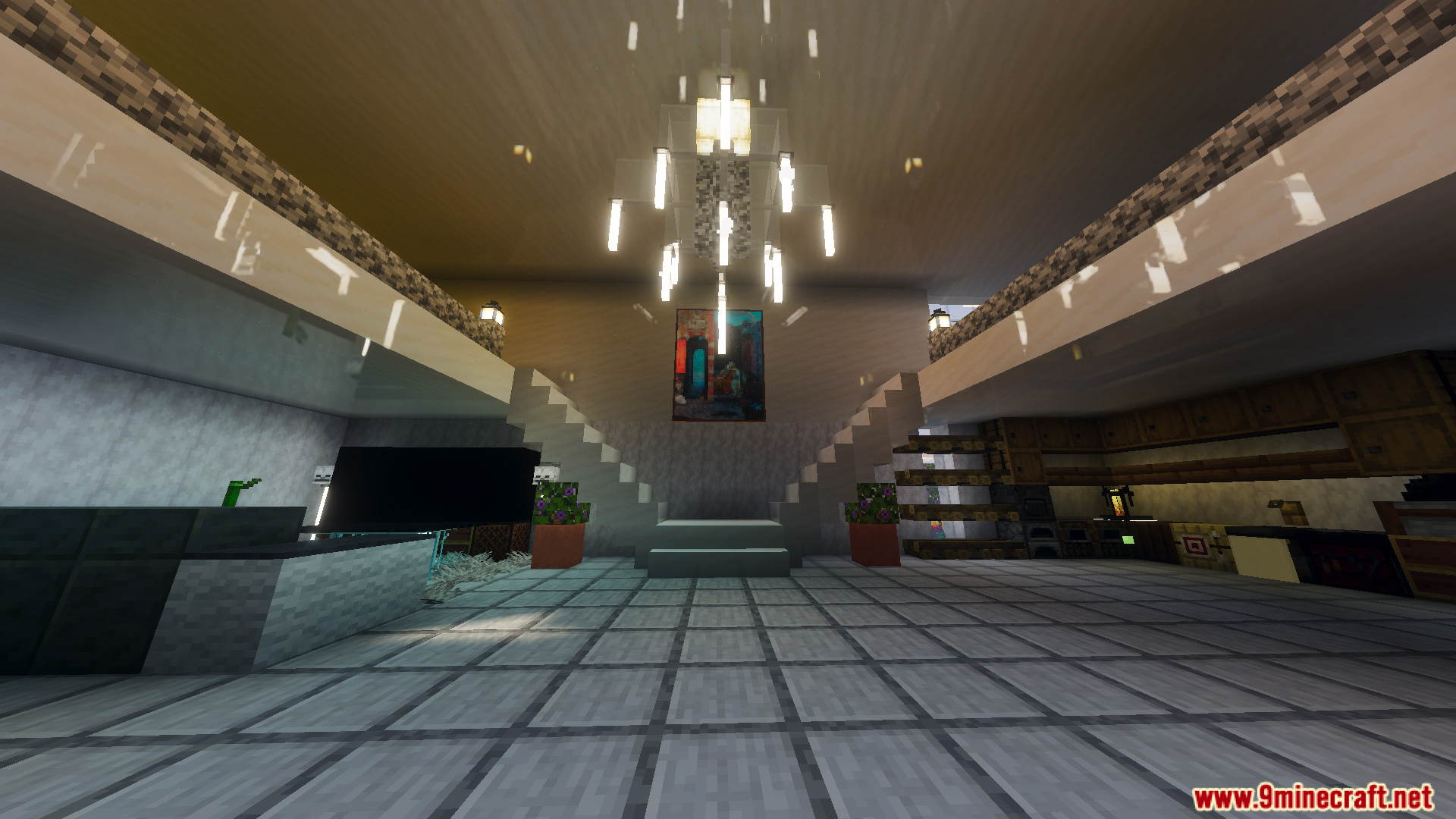 Survival Modern House 91 Map Screenshot 5 Spacious interior of Survival Modern House Map featuring a grand split staircase