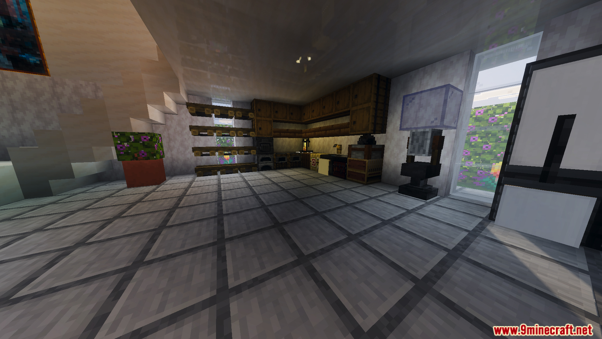 Survival Modern House 91 Map Screenshot 6 Detailed kitchen area with wooden cabinets and a view of the outdoor garden
