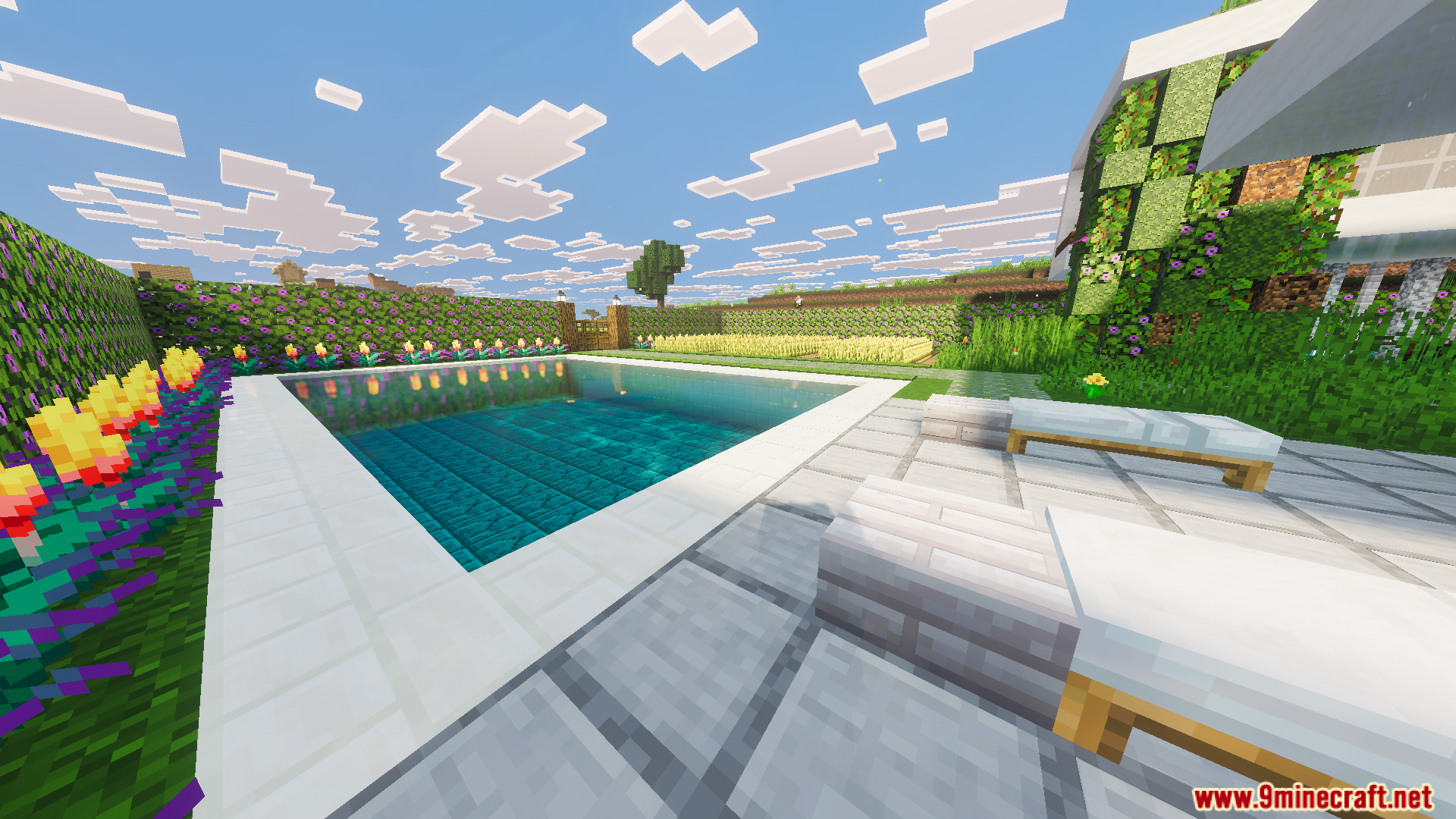 Survival Modern House 91 Map Screenshot 8 Large swimming pool and lounge chairs in the garden of a modern villa