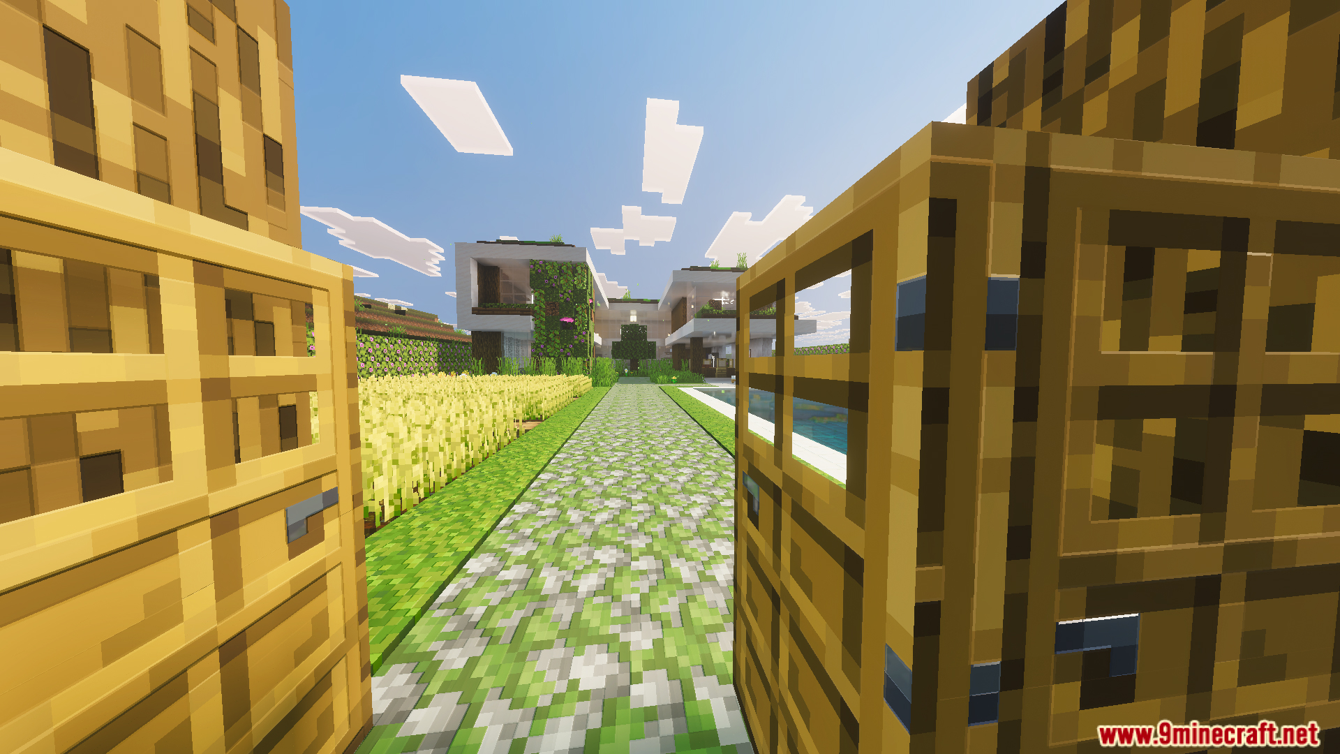 Survival Modern House 91 Map Screenshot 10 Open wooden gates leading to a luxury villa with a swimming pool