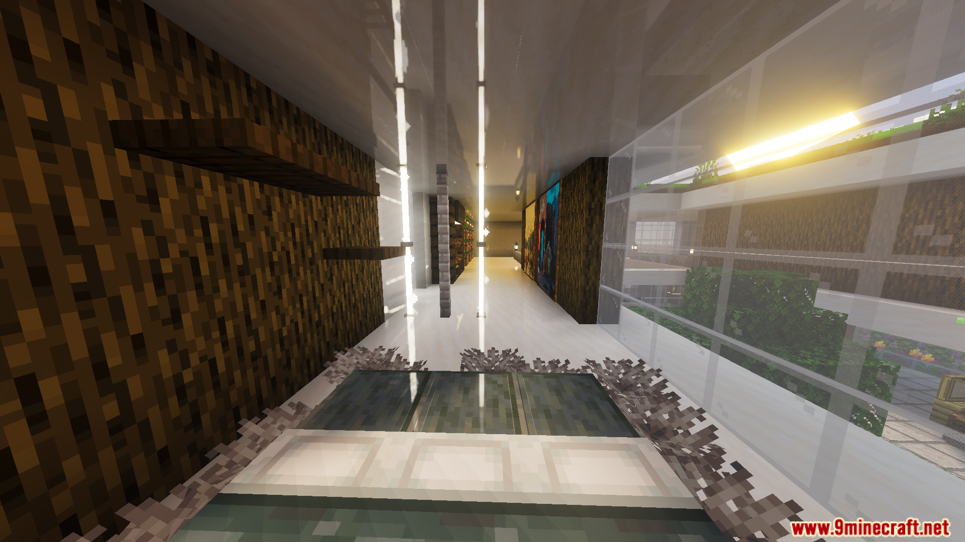 Survival Modern House 91 Map Screenshot 13 Modern bedroom interior with dark wood walls and large glass windows in Minecraft