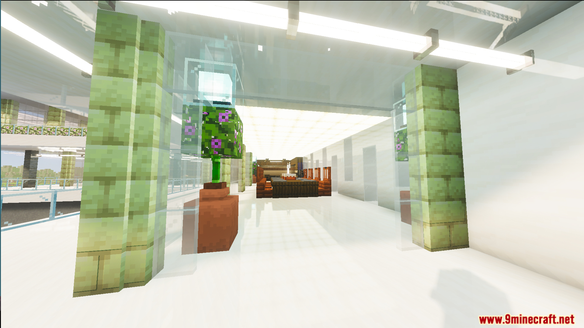 Bright interior hallway with green pillars and glass walls in the modern home