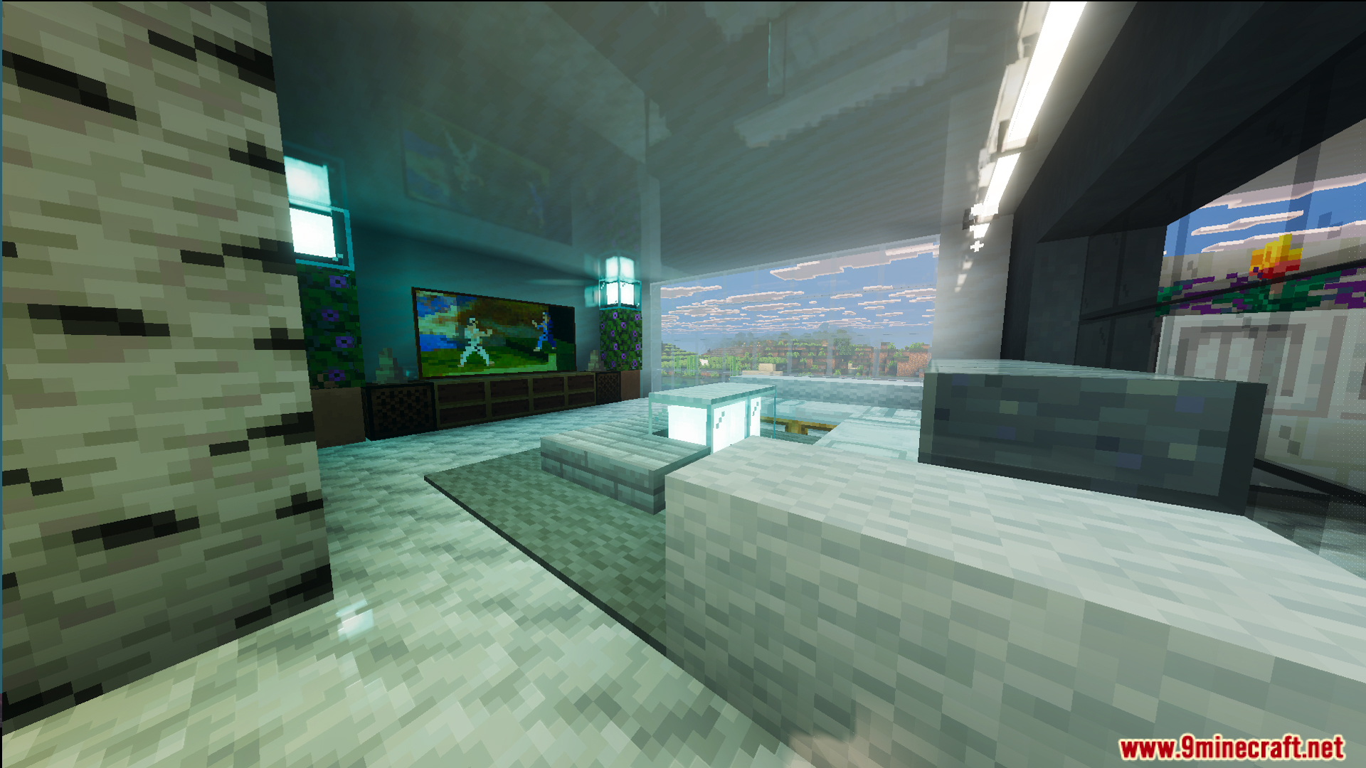 Modern living room with a television in the Survival Modern House map