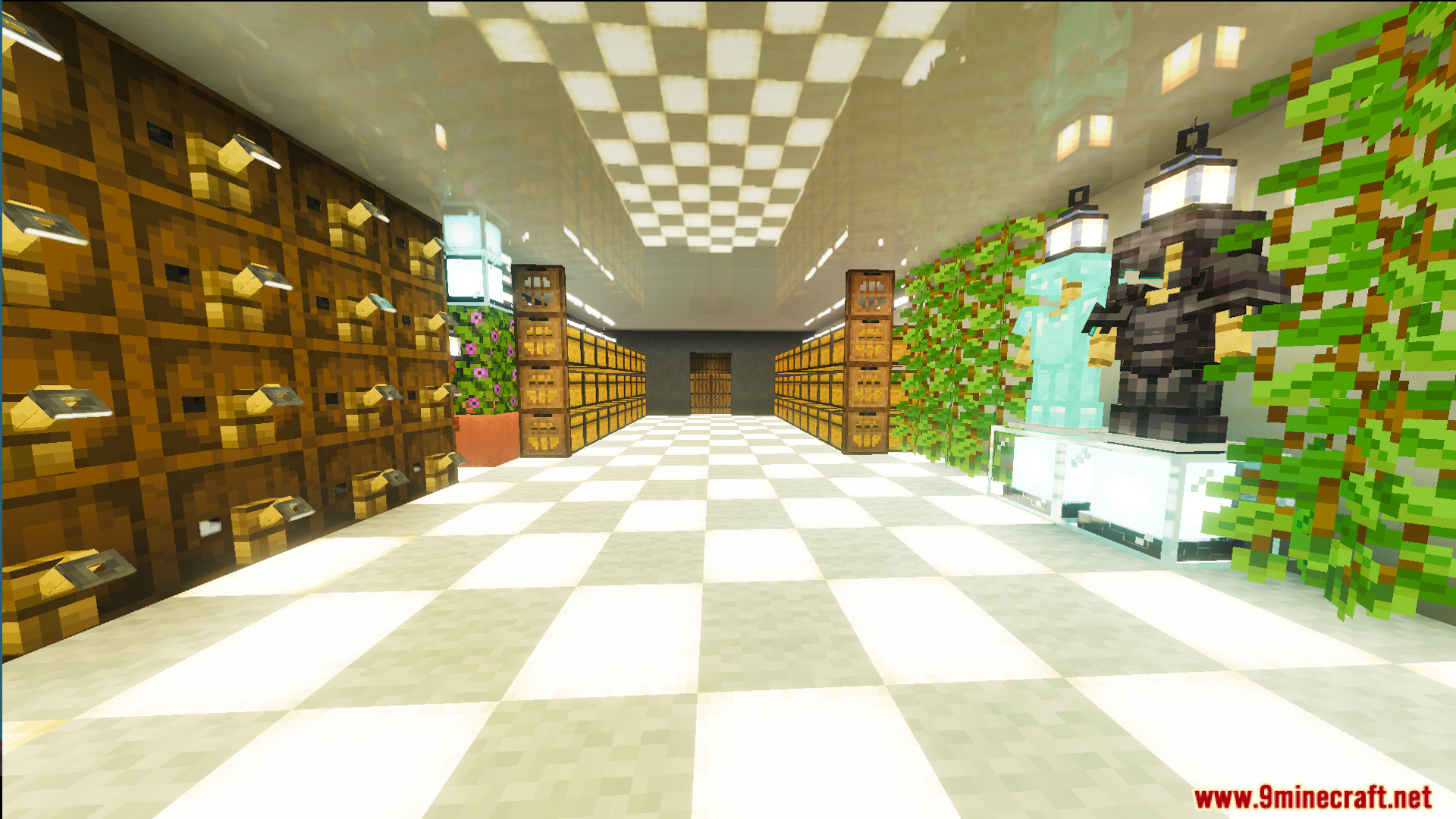 Storage room with checkered floors and armor stands in a modern house