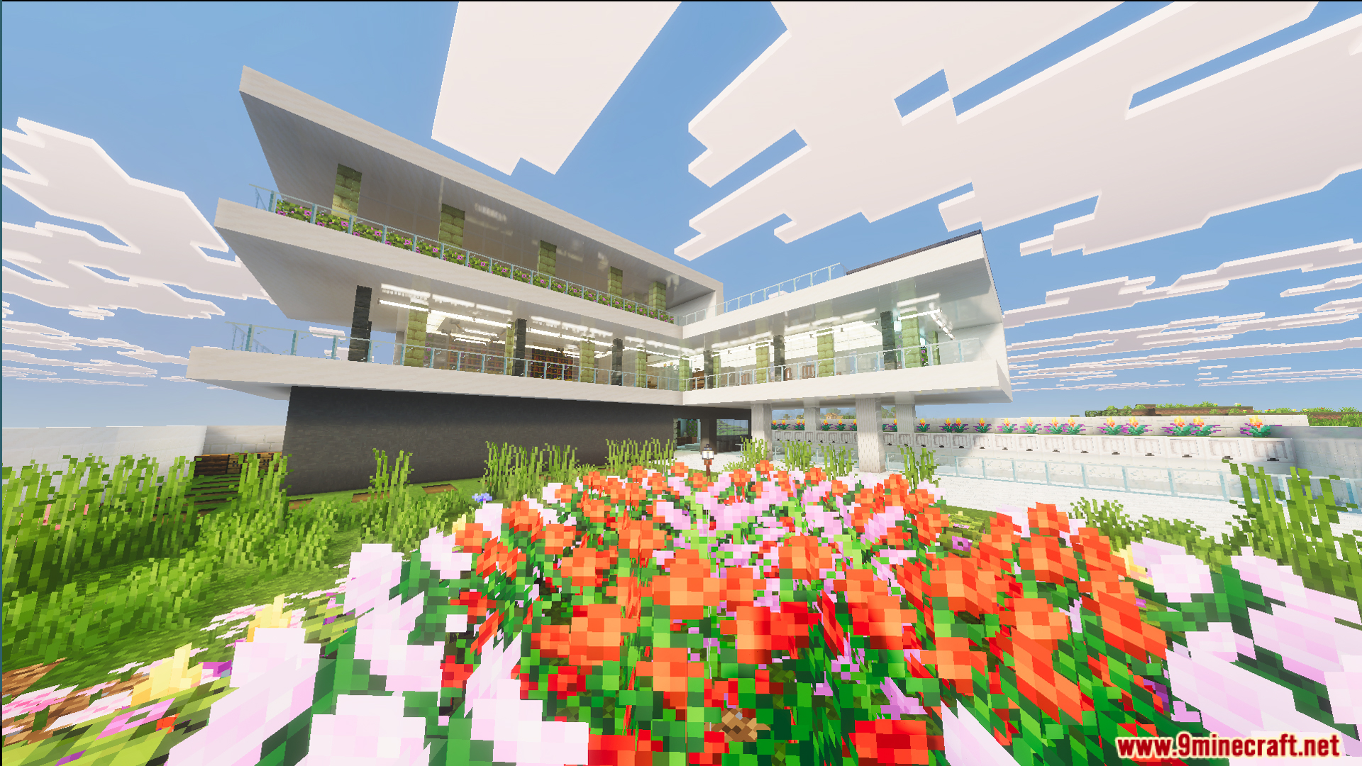 Survival Modern House 31 Map features a luxury mansion with a flower garden